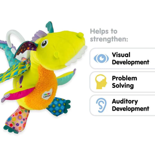 Close-up of soft dragon toy showing benefits for visual, auditory and problem-solving development.