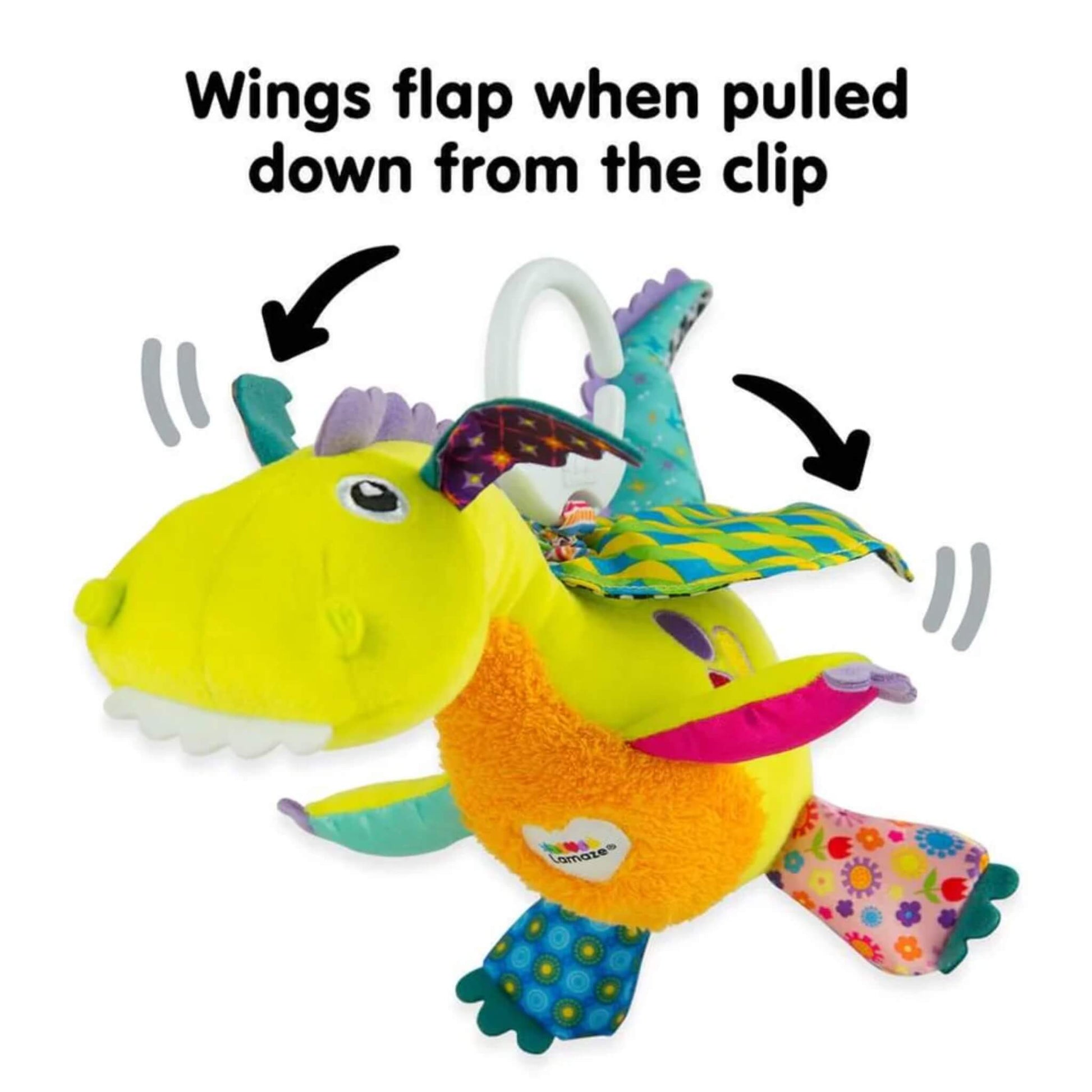 Baby activity dragon toy with wings flapping when pulled from the clip.