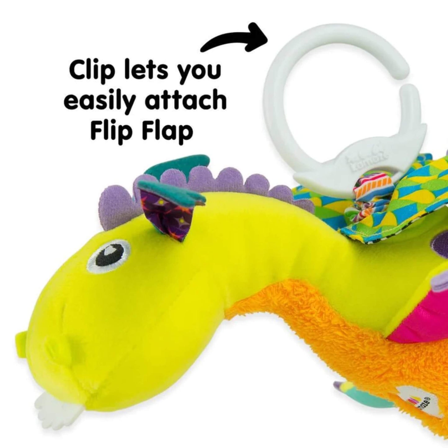 Clip feature shown on dragon’s back for easy attachment to strollers or bags.