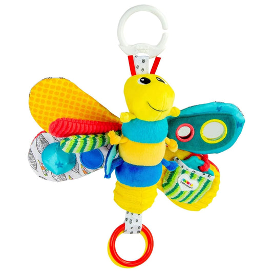 Bright Lamaze Freddie the Firefly sensory baby toy featuring colourful wings, crinkle textures, and a clip for attaching to prams or play gyms.