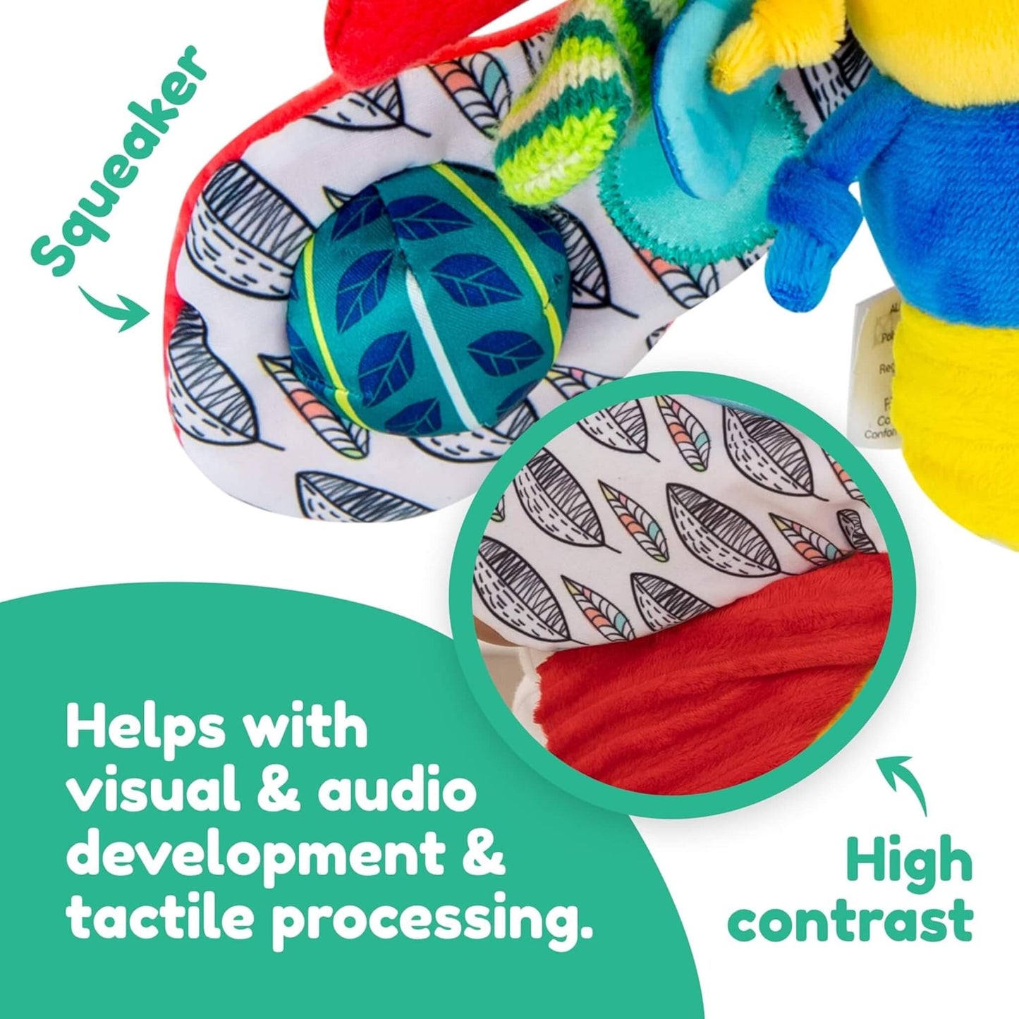 Close-up of the toy’s mirror wing, red clacking rings, and pocket with a blue pull-out teether.