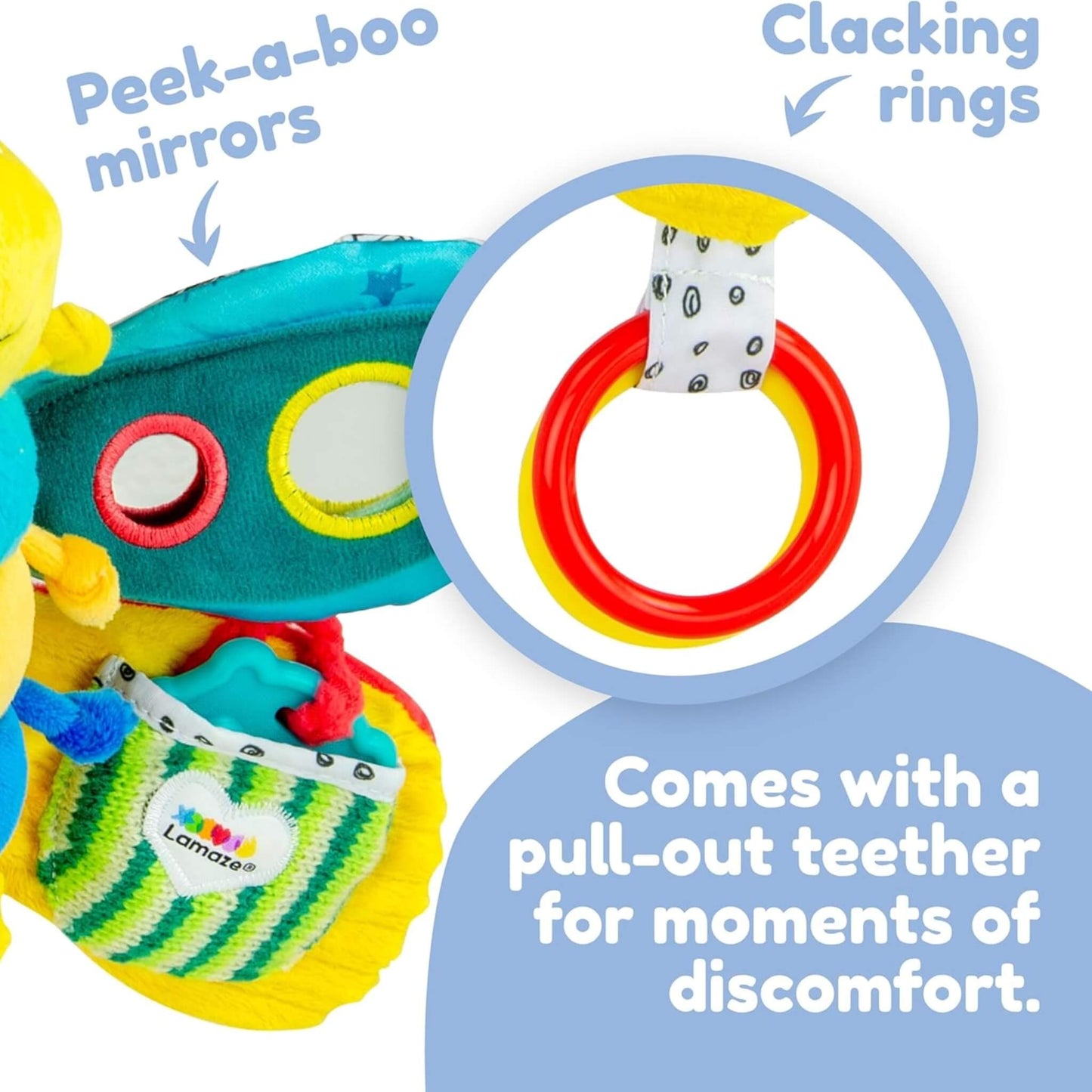 Close-up of firefly wing with high-contrast black and white patterns and a squeaky ball for sensory stimulation.