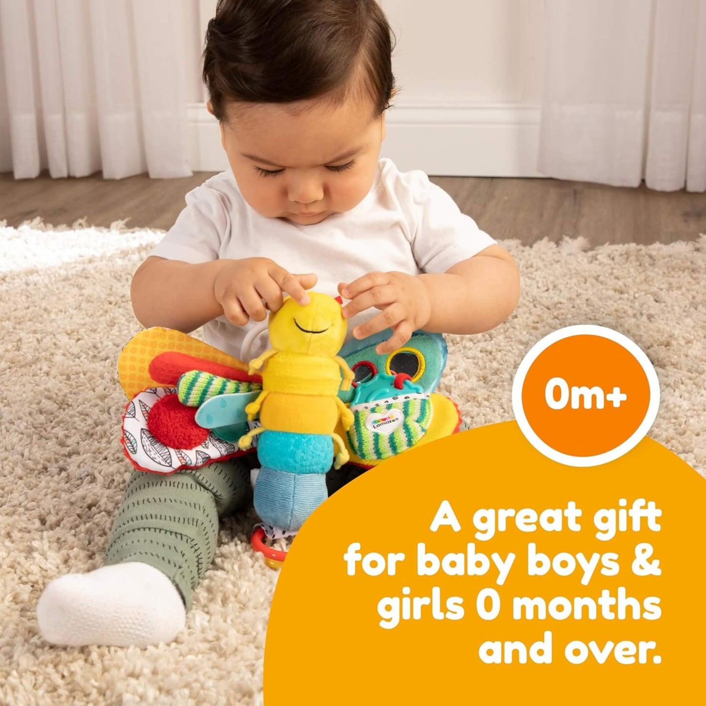 Baby sitting on carpet, playing with a colourful plush insect toy featuring soft textures and patterned wings.