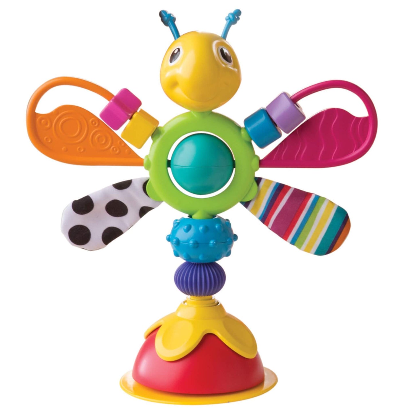 Lamaze Freddie the Firefly Highchair Toy shown upright with bright wings, textured details, and a suction base designed for secure highchair play.
