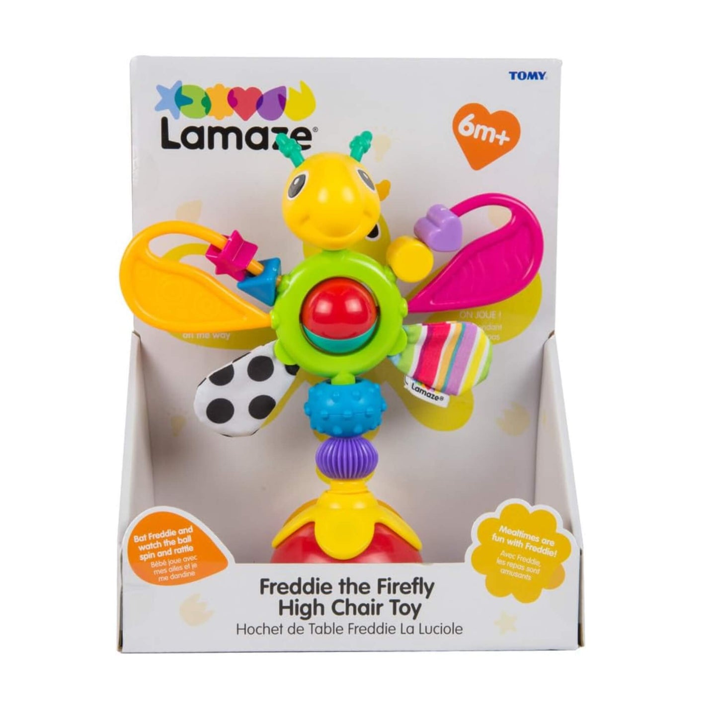 Colourful suction table toy displayed in open packaging with bright wings and multi-textured parts designed for sensory discovery.