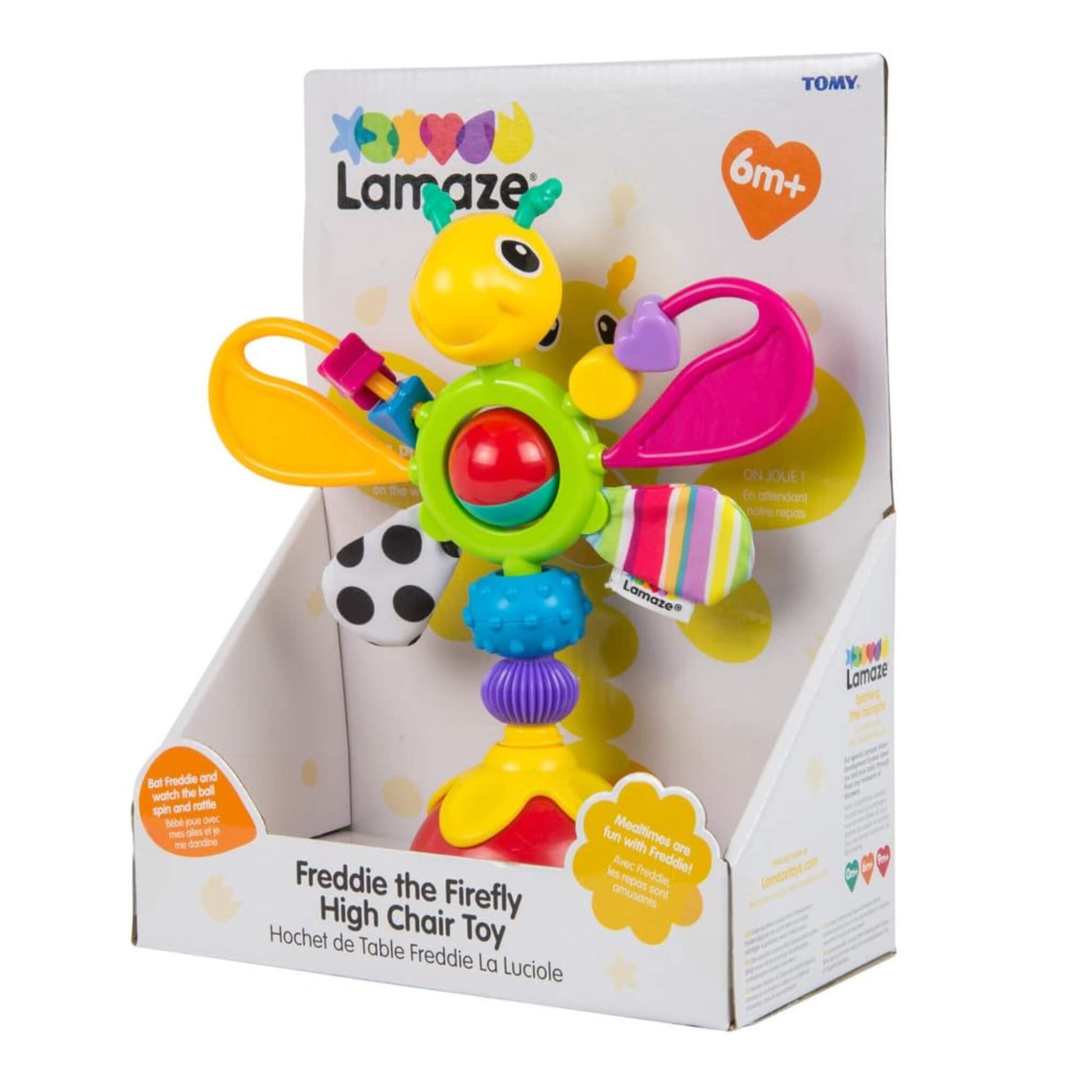 Side view of highchair toy in packaging, showing varied textures, patterned wings, and interactive elements for tactile play.