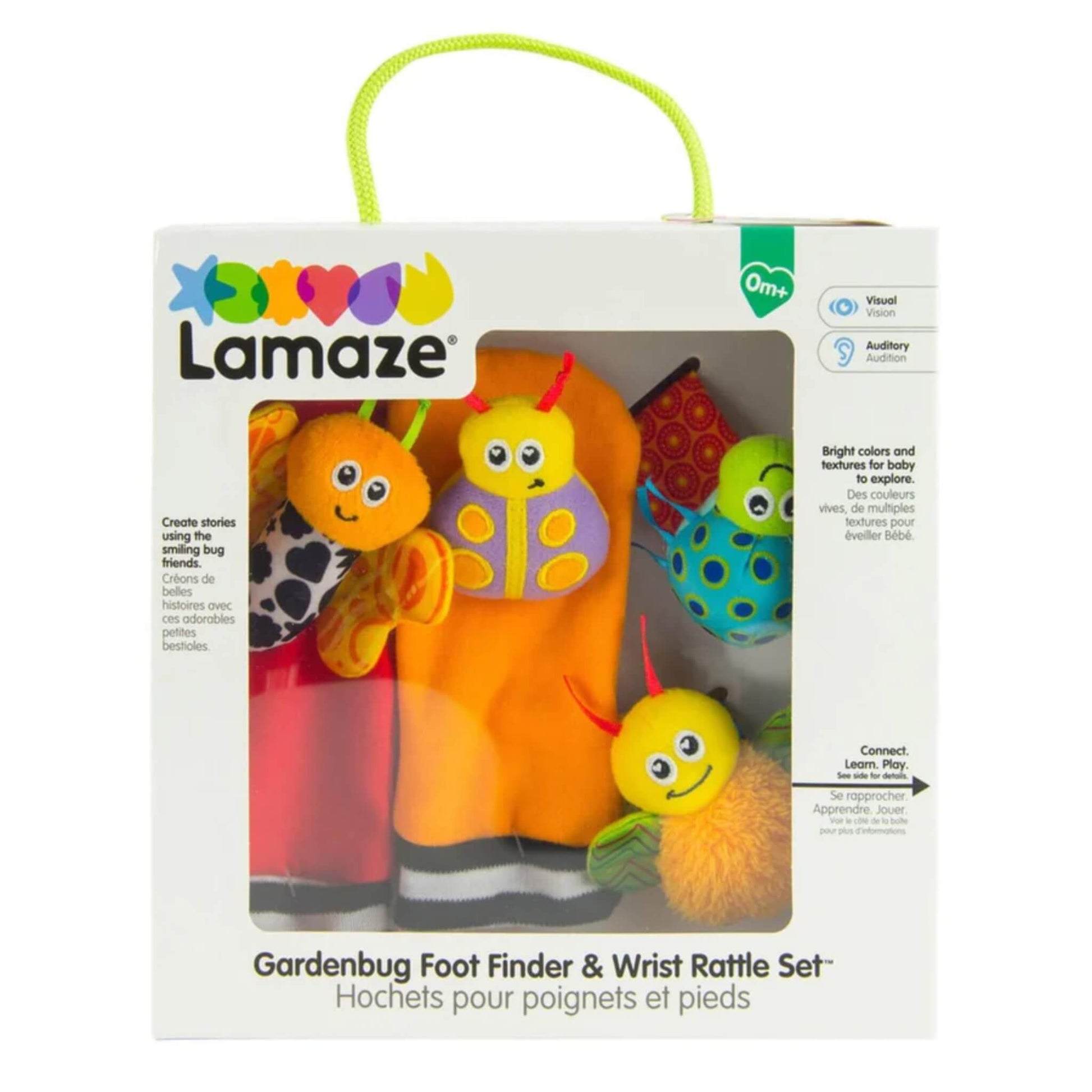 Lamaze Gardenbug Footfinder and Wrist Rattle Set in packaging showing four colourful bug-themed rattles designed to wrap around baby’s wrists and feet.