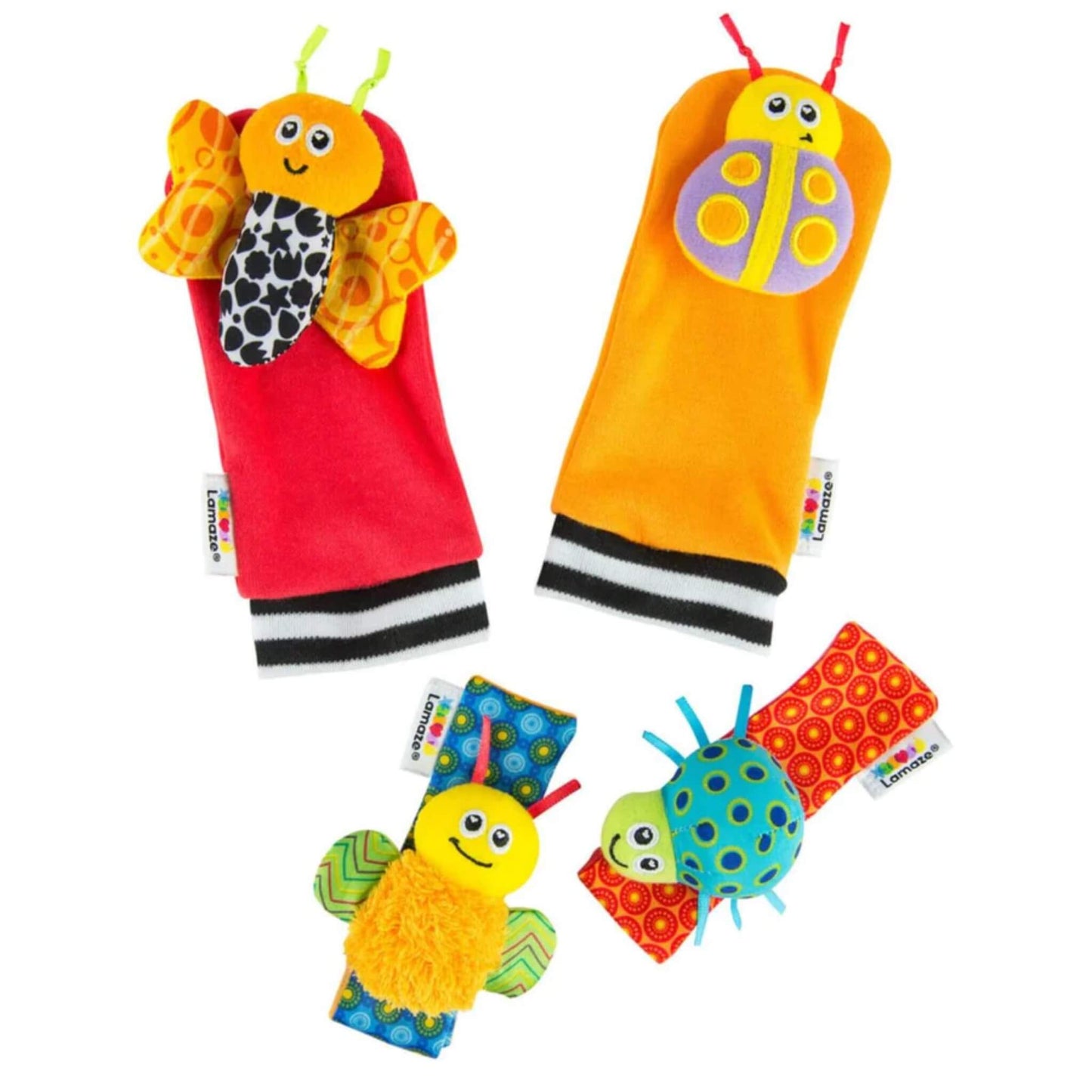 Two soft socks and two wristbands in bright colours with smiling bugs attached, shown beside a baby lying on their back and exploring them.