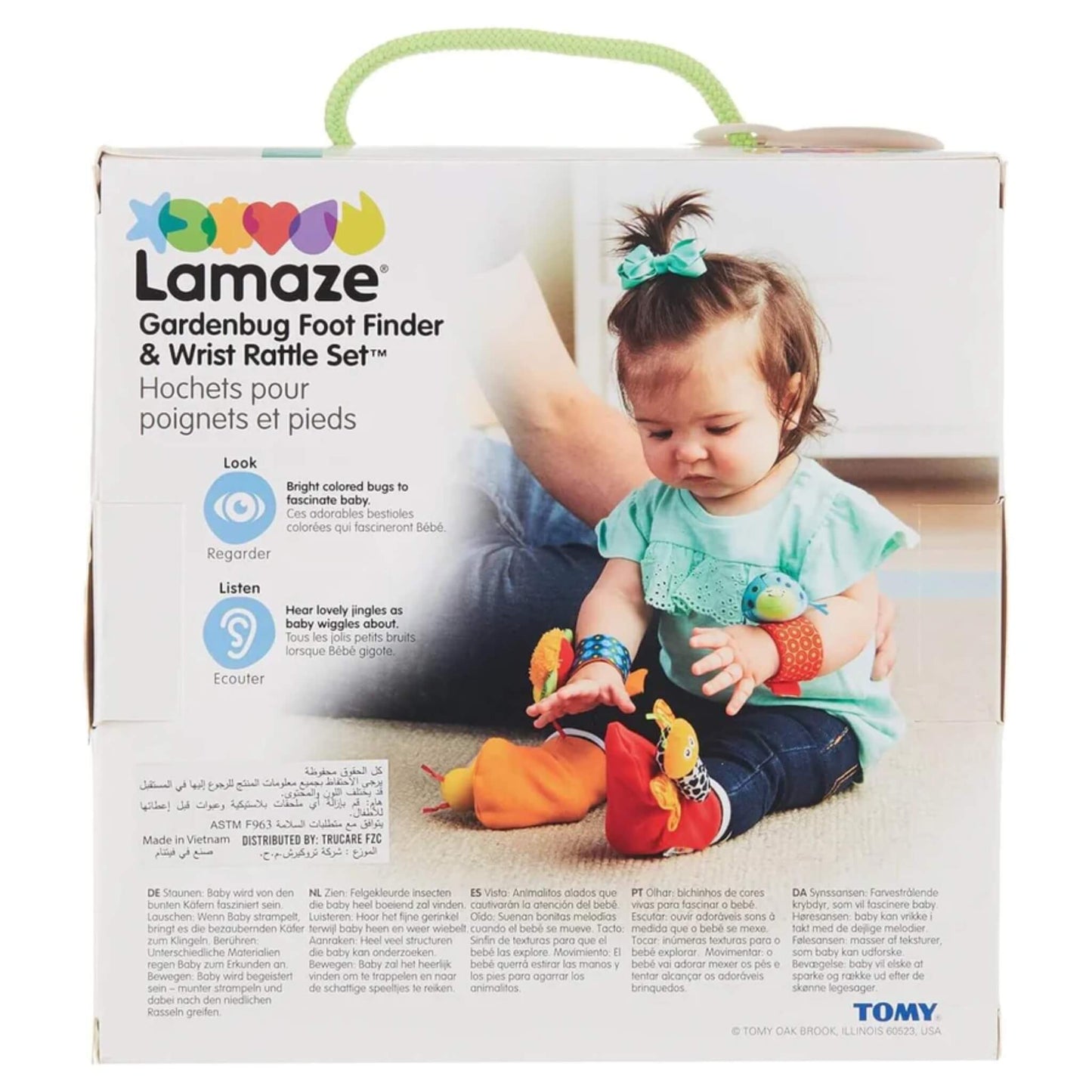 Product packaging back view showing a baby sitting on the floor playing with the bug wrist rattles, with product information and illustrations.