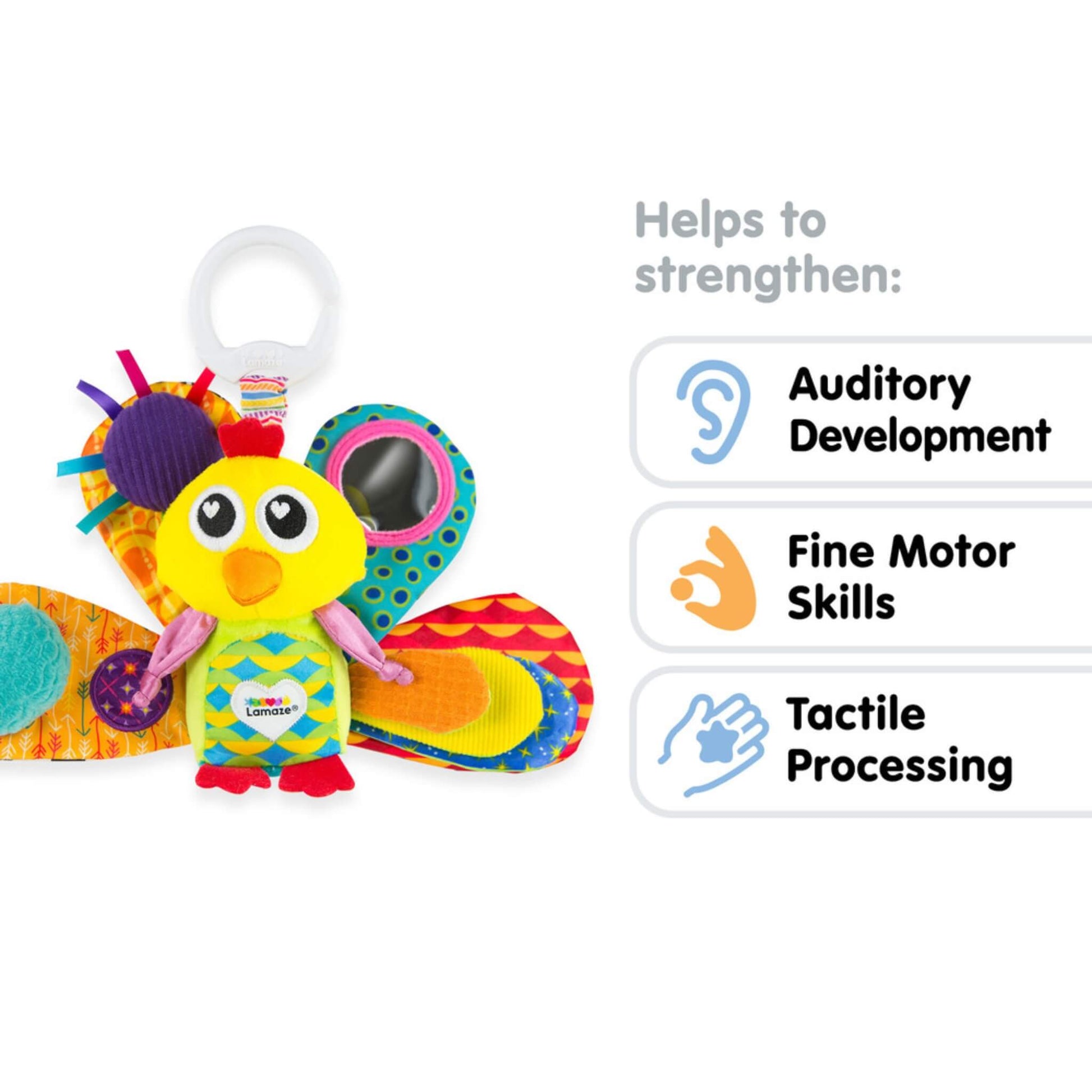 Colourful baby sensory toy showing features that support hearing, fine motor skills, and touch exploration.
