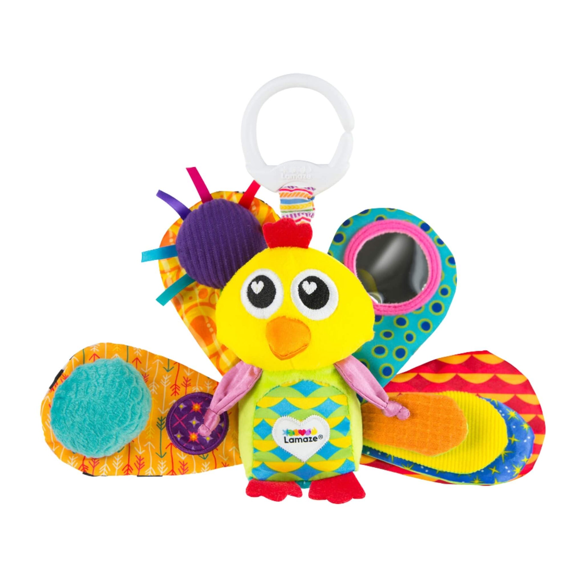 Lamaze Jacques the Peacock sensory toy with crinkly feathers, bright patterns, and a clip for attaching to prams or car seats.