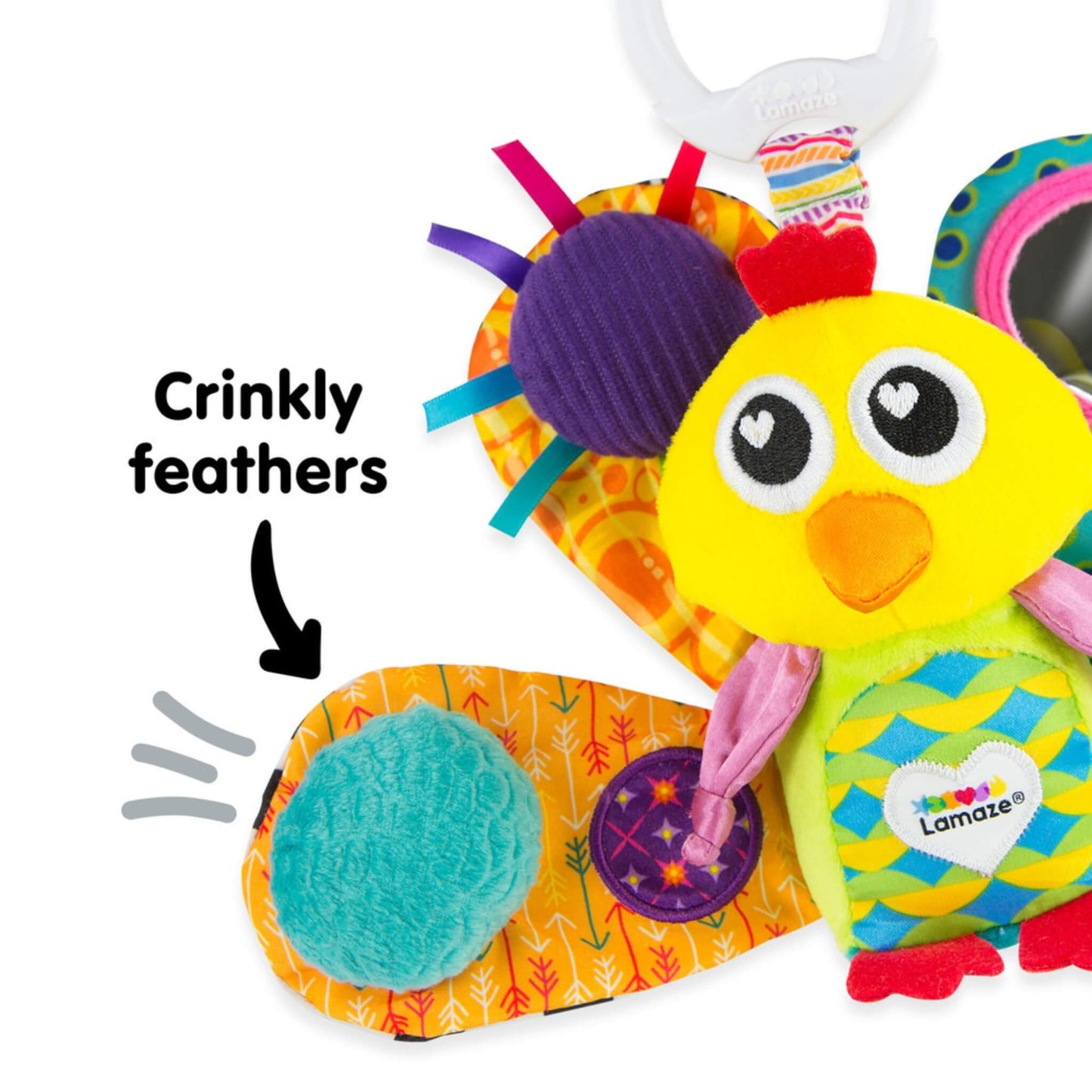 Close-up of a bright to peacock wing with soft blue crinkle fabric to encourage sensory play.