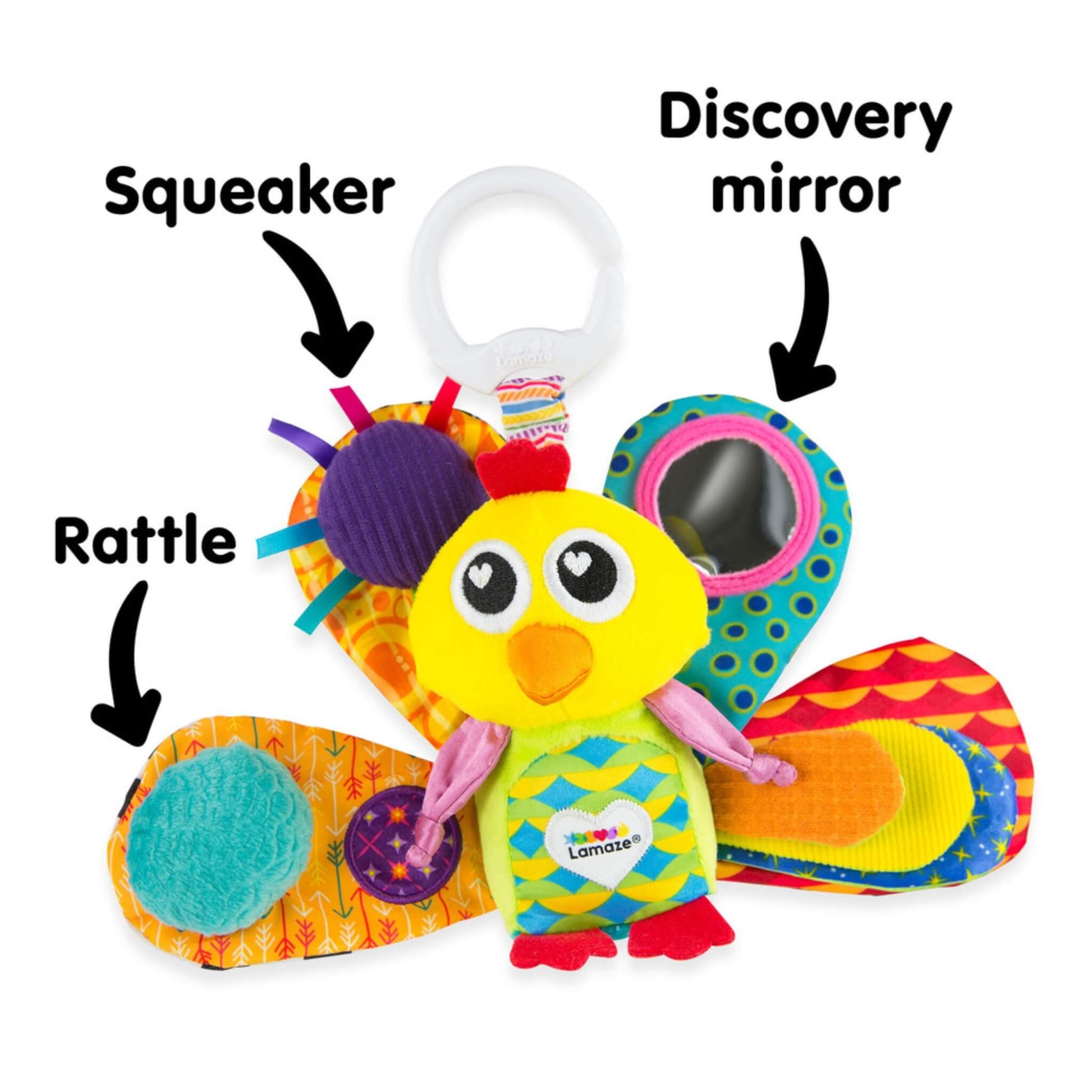 Developmental baby toy with built-in squeaker, rattle, and a small mirror for discovery.