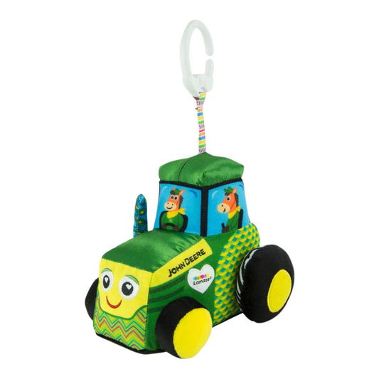 Lamaze John Deere Tractor Clip & Go baby toy featuring a smiling green tractor with colourful details, soft textures and easy-attach clip.