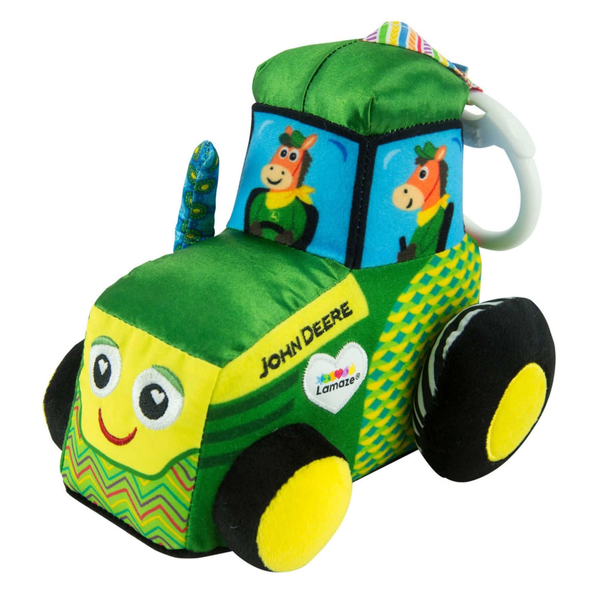 Side view of soft tractor toy showing yellow wheels, fabric exhaust pipe and embroidered John Deere logo.