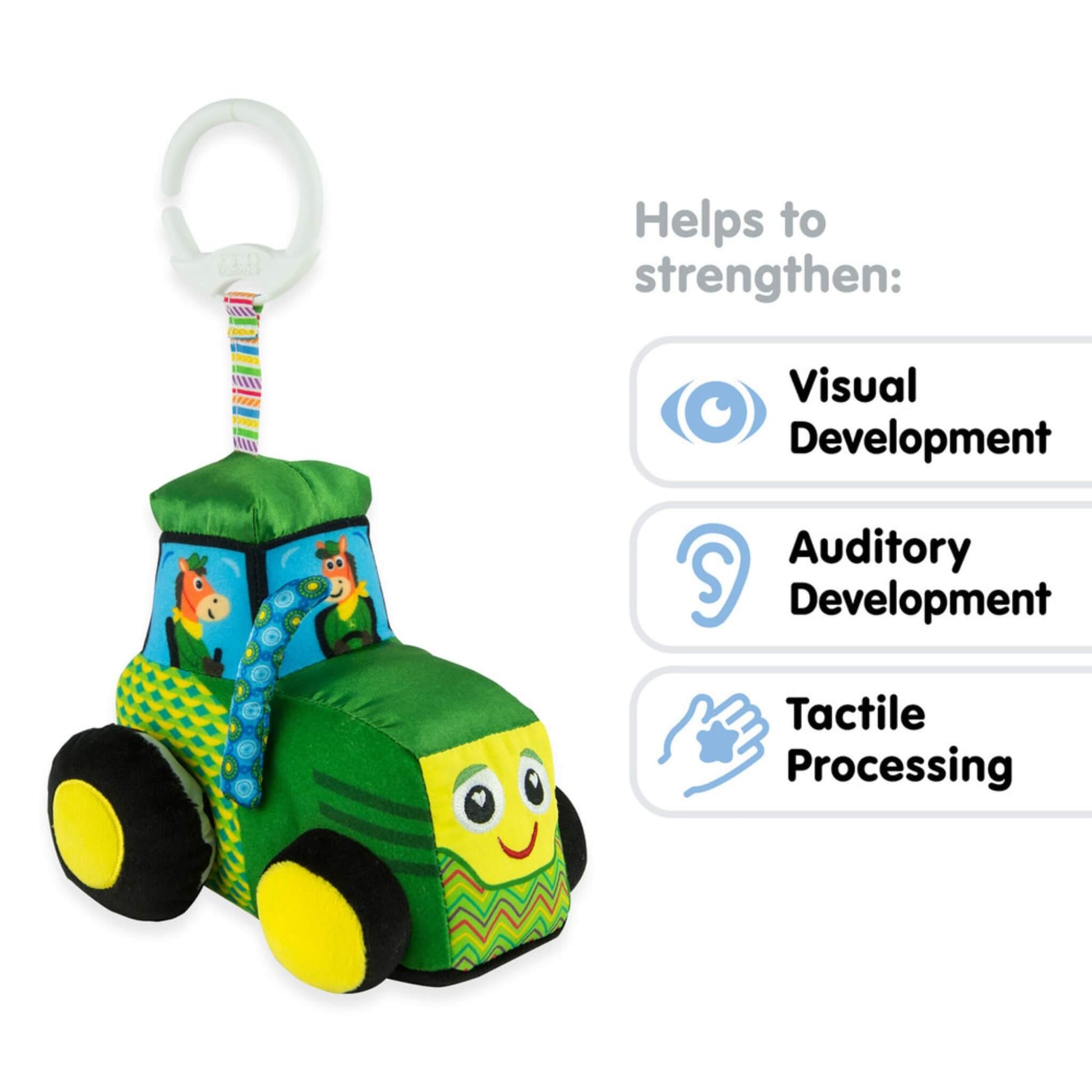 Sensory tractor toy beside icons highlighting support for visual, auditory and tactile development.