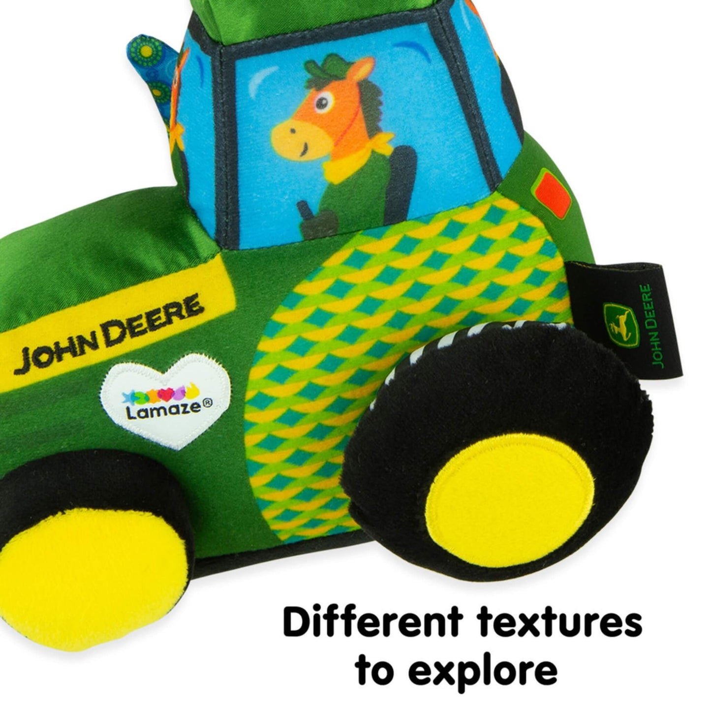Soft tractor toy with colourful woven side panels and different textures for babies to explore.