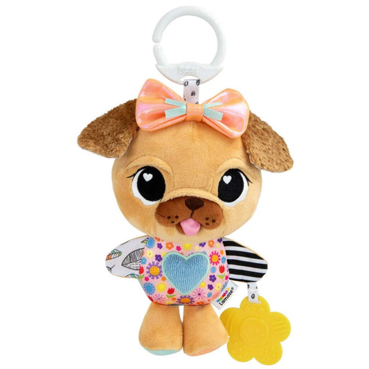 Lamaze Lovey the Pug baby toy with a soft plush pug design, peach bow, patterned body, and yellow flower teether attached.