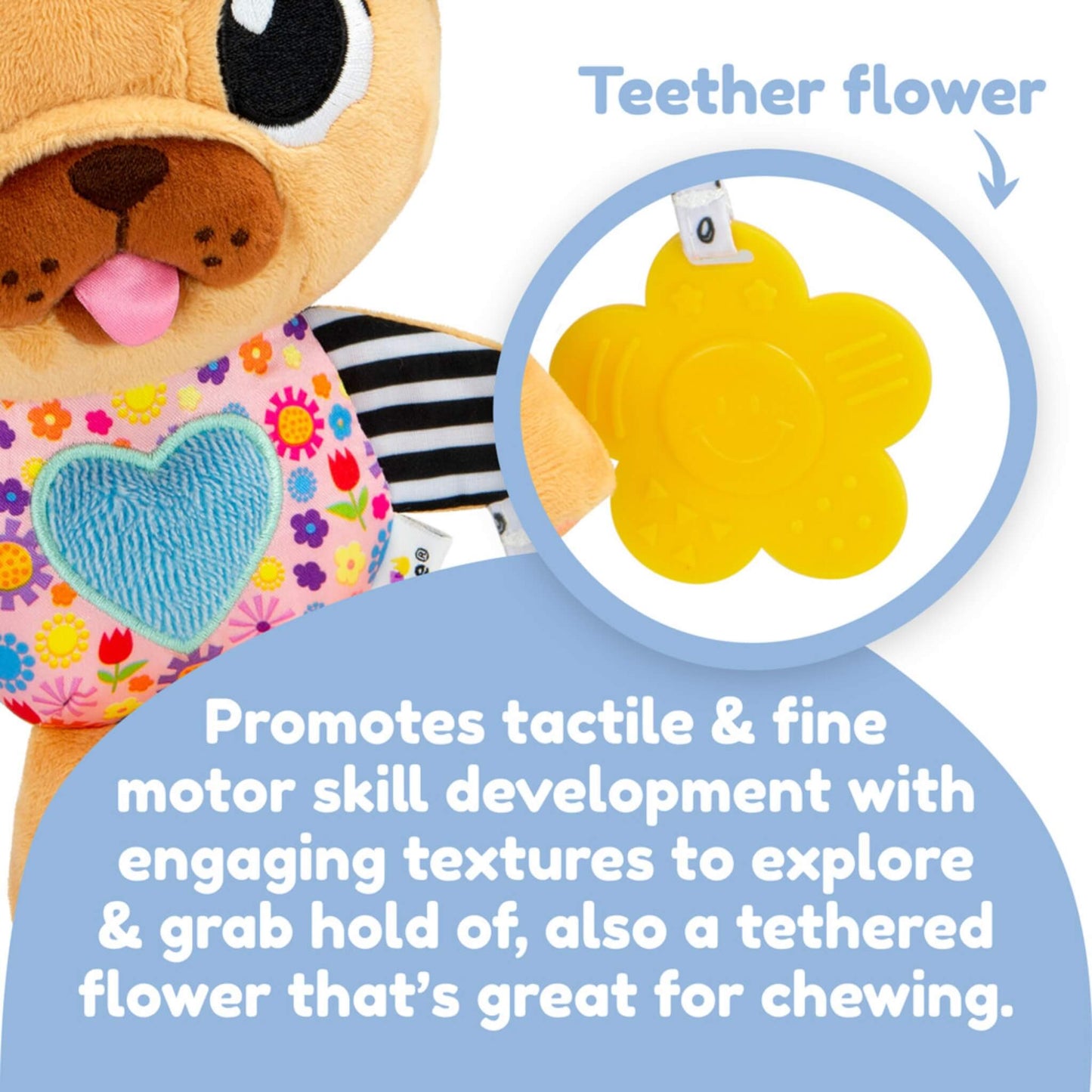 Yellow flower teether shown close up with raised patterns for sensory exploration and chewing comfort.