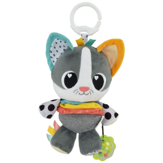 Lamaze Millie the Cat baby toy with a grey and white kitten design, colourful textured body, polka dot arms, and clip-on ring for attaching to a pushchair or car seat.