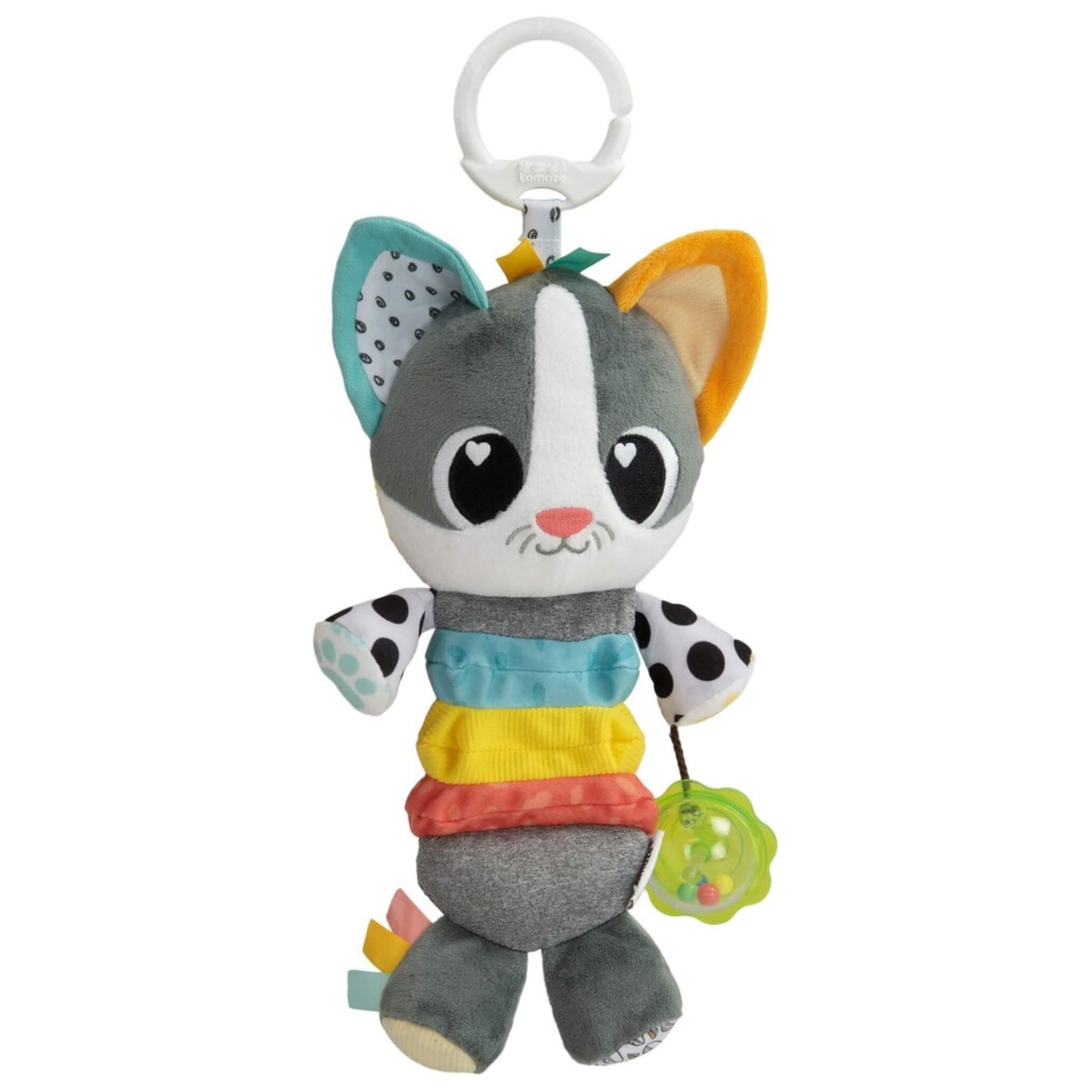 Soft kitten-themed baby toy with a colourful, layered body and green rattle hanging from one arm.