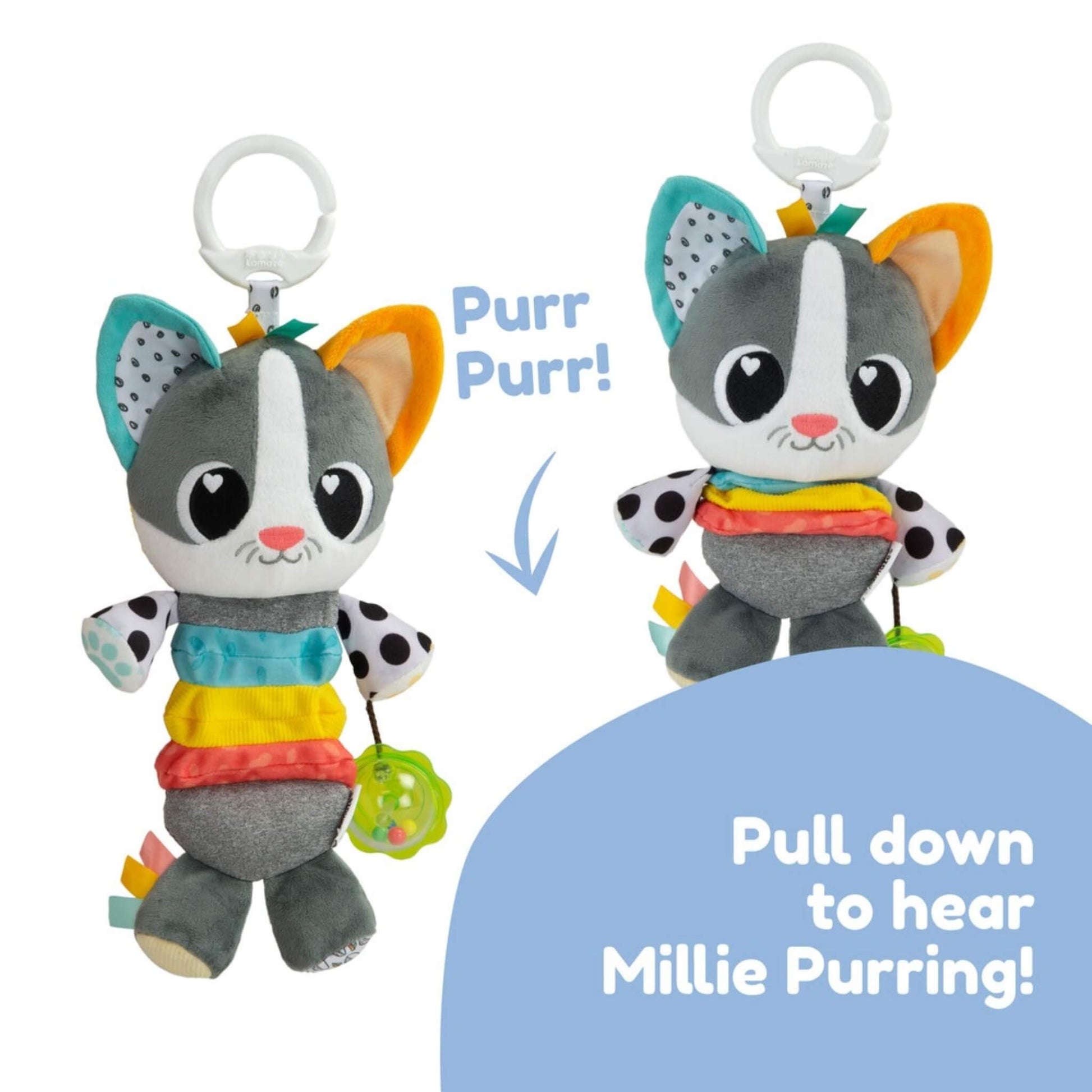 Two versions of a soft kitten toy shown side by side, demonstrating the pull-down feature that produces a gentle purring sound.