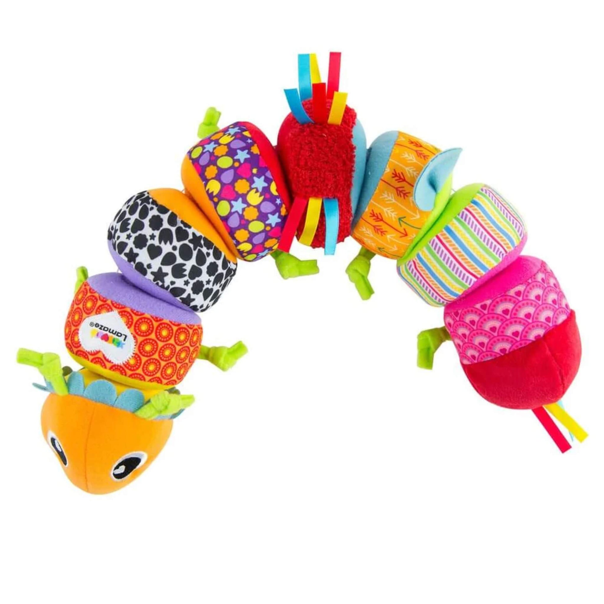 Lamaze Mix & Match Caterpillar baby toy featuring a soft segmented caterpillar with colourful patterned body parts and green ribbon legs.