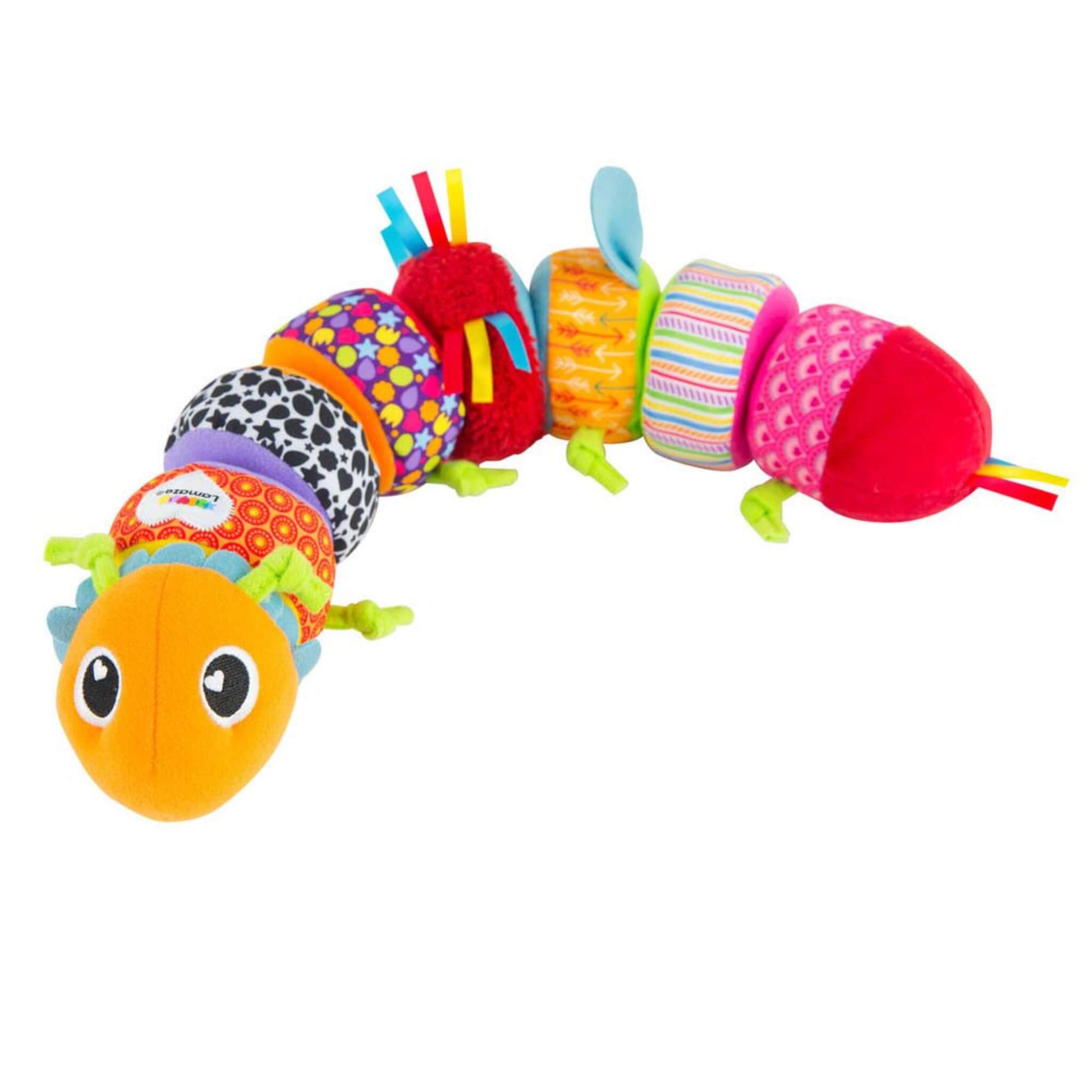 Soft caterpillar toy with bright patterned segments joined together, showing its flexible shape and cheerful orange face.