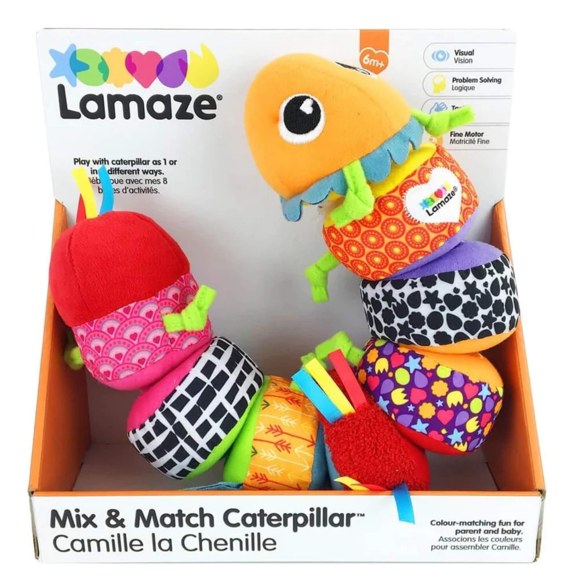 Colourful fabric caterpillar toy displayed in its Lamaze packaging, showing multiple textures and mix-and-match segments.
