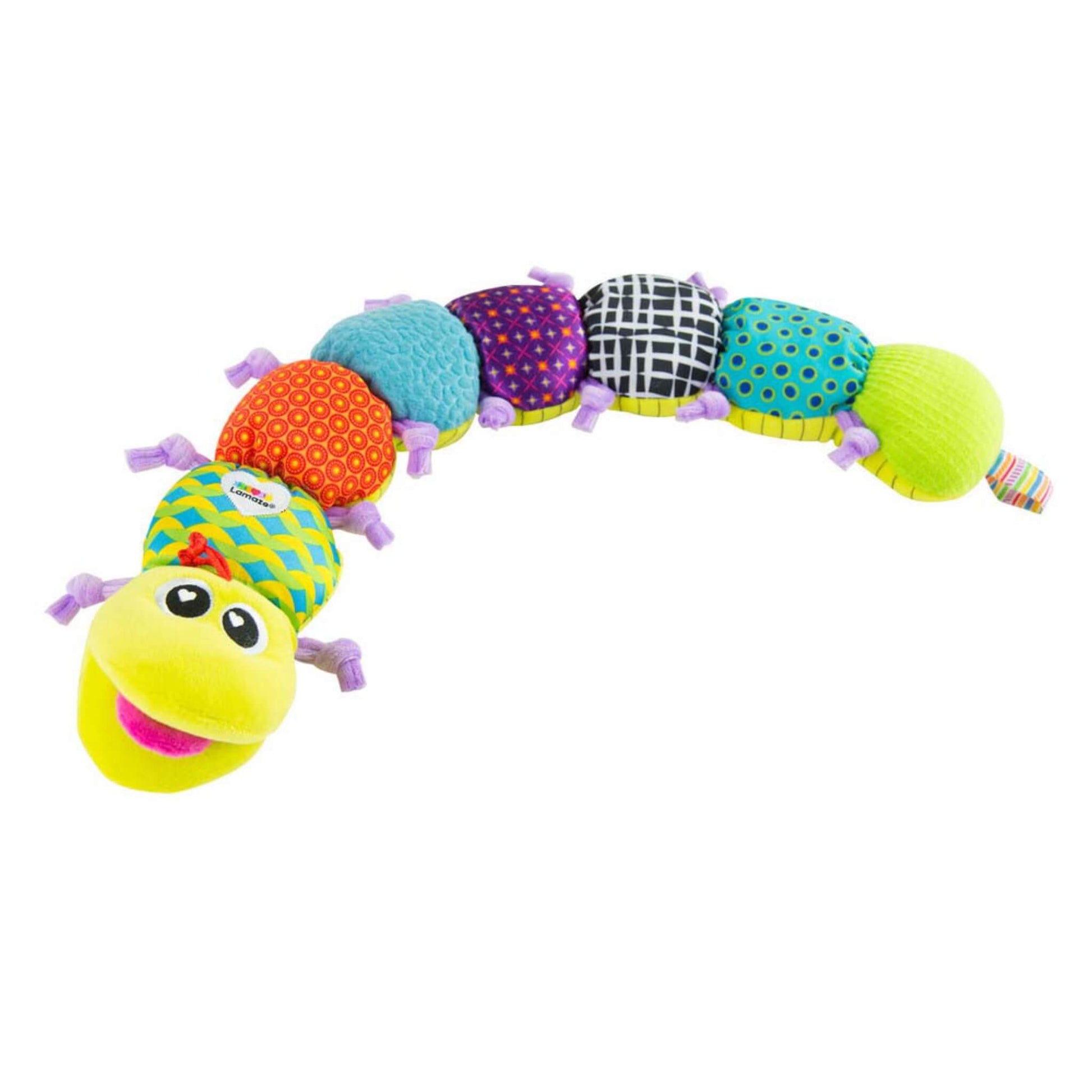 Lamaze Musical Inchworm baby toy with a bright yellow smiling head and a long, colourful segmented body featuring textured fabrics and patterned sections.
