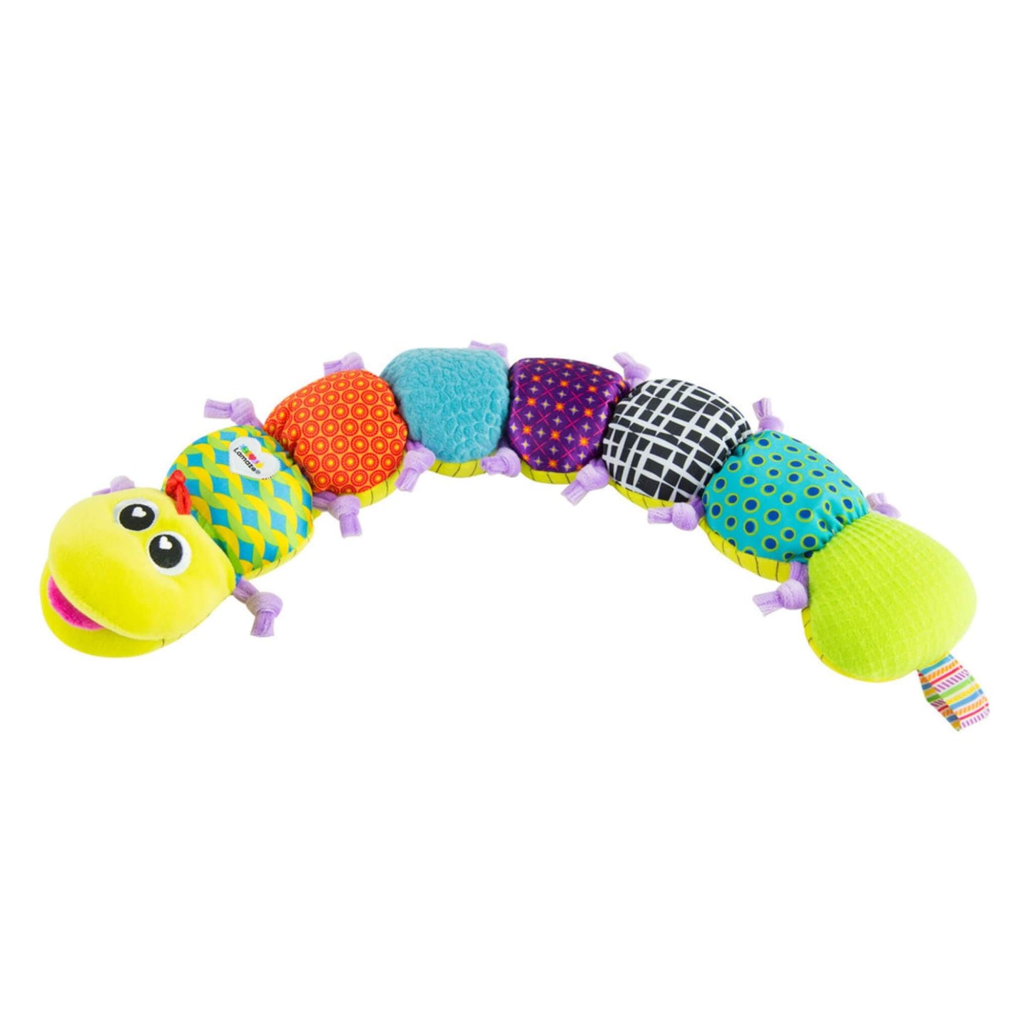 Soft caterpillar-shaped baby toy with a cheerful face, multiple fabric patterns, and textured body segments joined in a curved position.