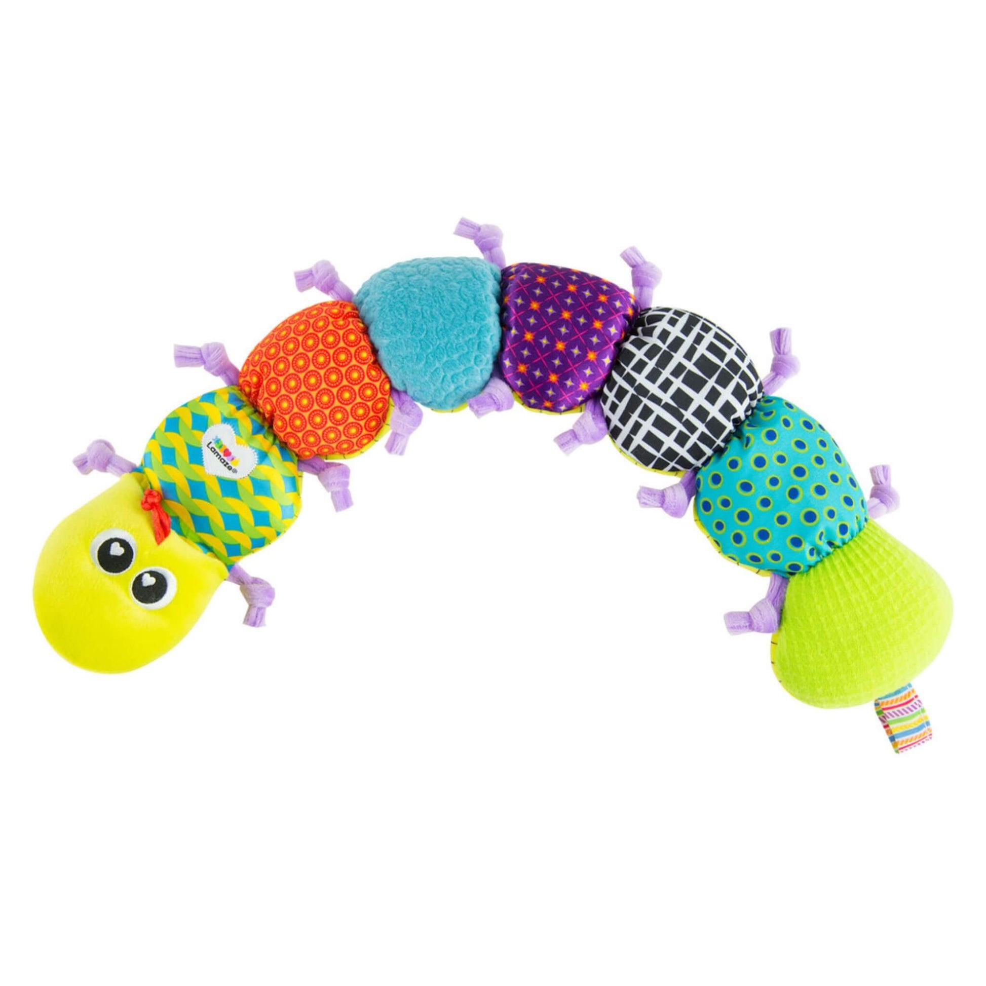 Plush musical inchworm toy displayed from above, showing its smiling face and bright fabric body in a curved shape.