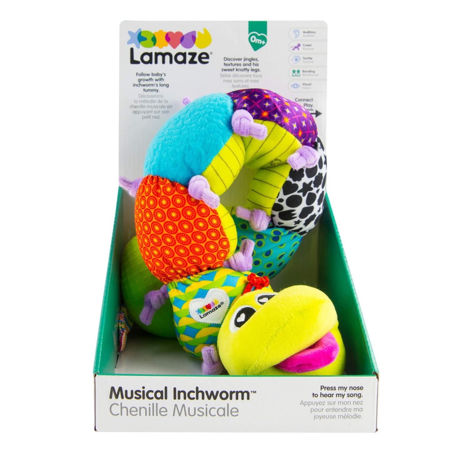 Lamaze Musical Inchworm packaged in a branded display box, showing its soft textures, bright patterns and musical nose feature.