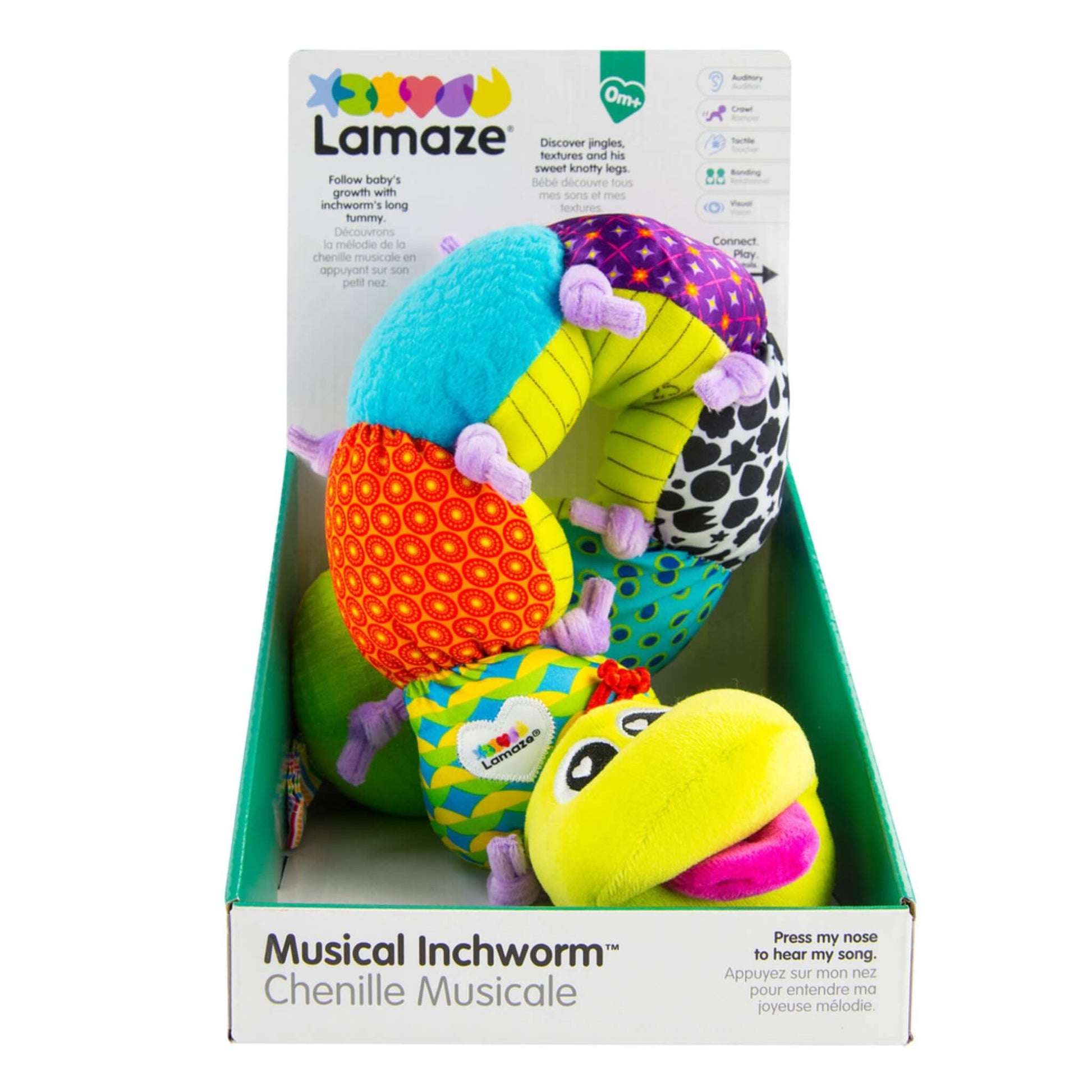 Lamaze Musical Inchworm packaged in a branded display box, showing its soft textures, bright patterns and musical nose feature.
