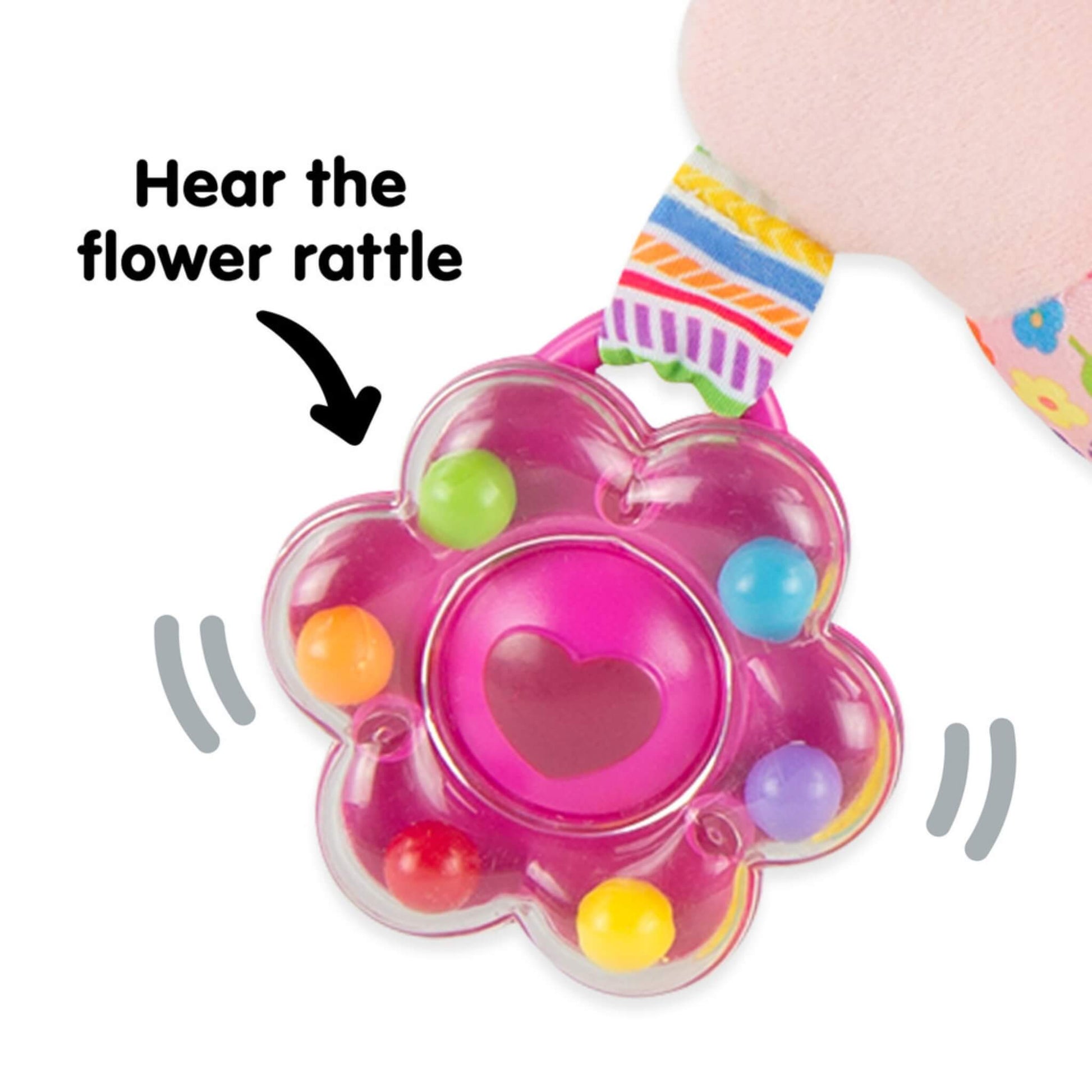Close-up of a pink flower-shaped rattle with colourful beads inside, labelled with text describing the sound feature.