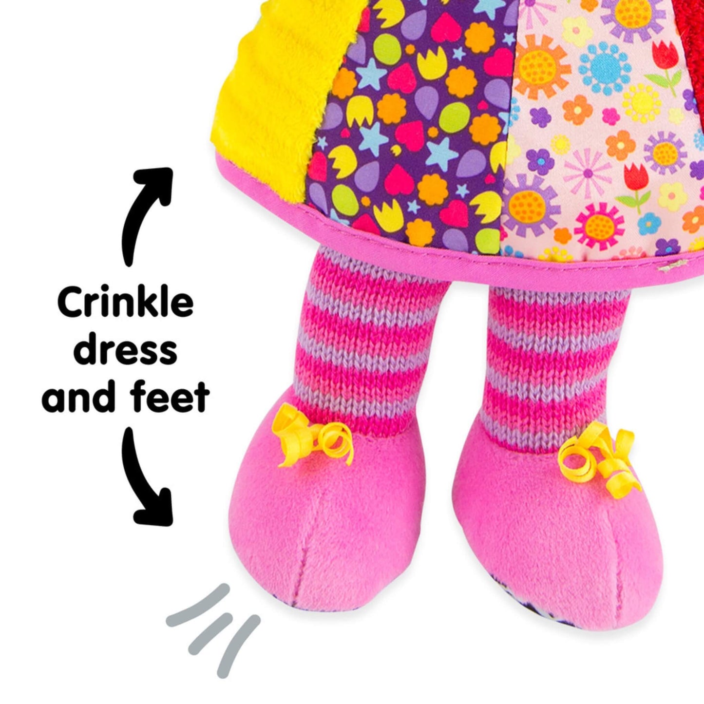 Lower half of the doll with a patchwork dress and striped legs, labelled with text pointing to the crinkle sound feature in the dress and feet.