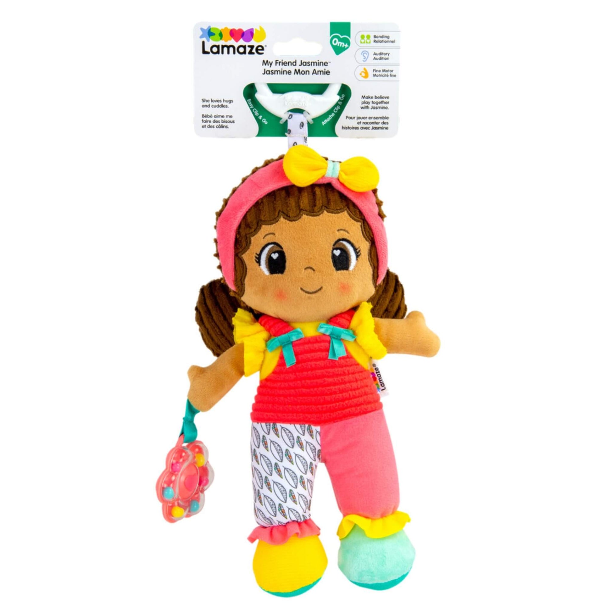Lamaze My Friend Jasmine doll displayed in retail packaging, showing the toy’s bright colours, flower rattle and attachment clip.