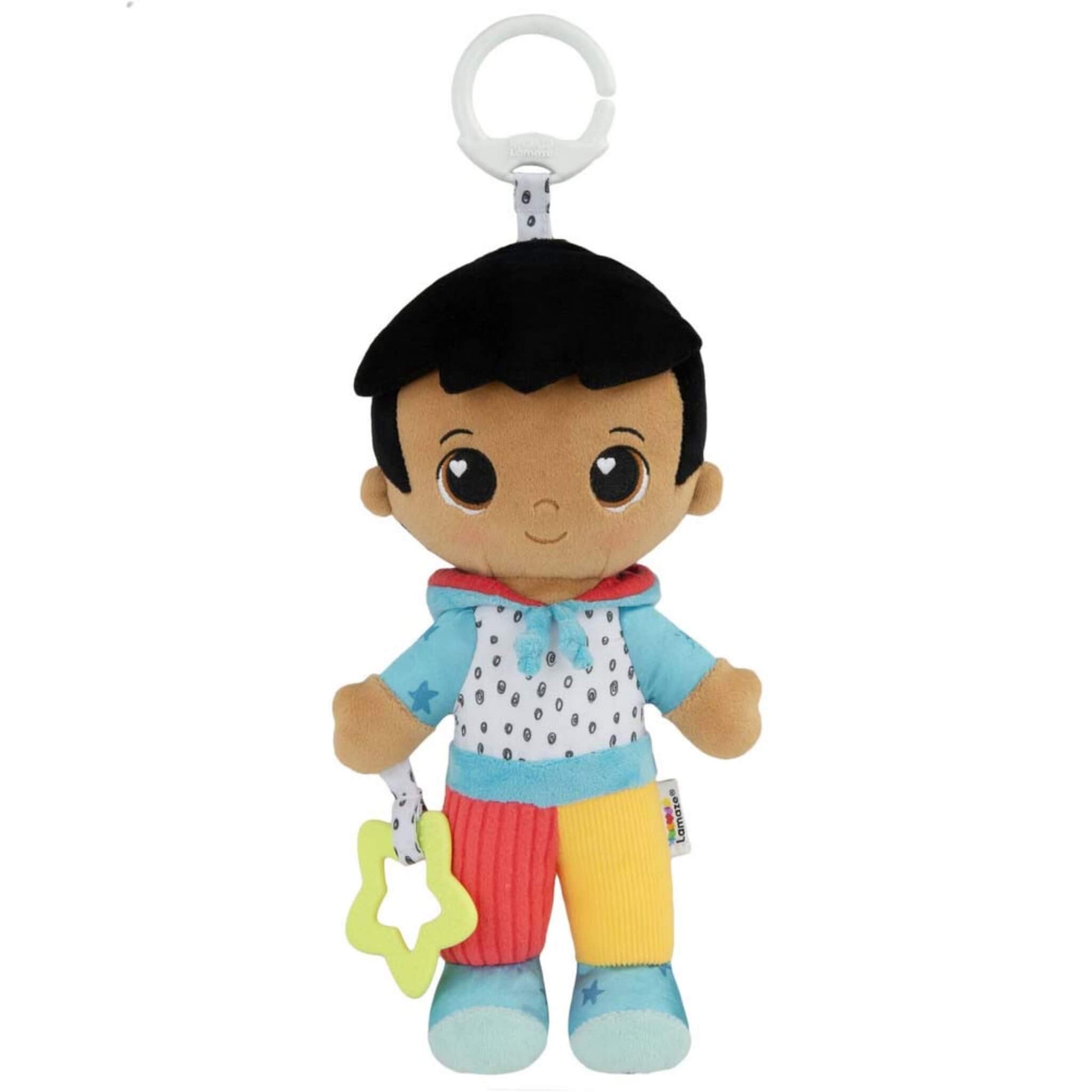 Lamaze My Friend Lucas soft baby doll toy with short black hair, wearing a spotted hoodie, red and yellow corduroy trousers and blue shoes, holding a yellow star teether with an on-the-go clip attached.