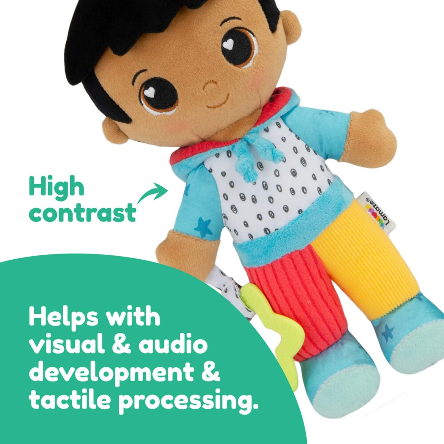 Close-up of a doll’s face and upper body with text describing its high-contrast colours that support visual and sensory development.