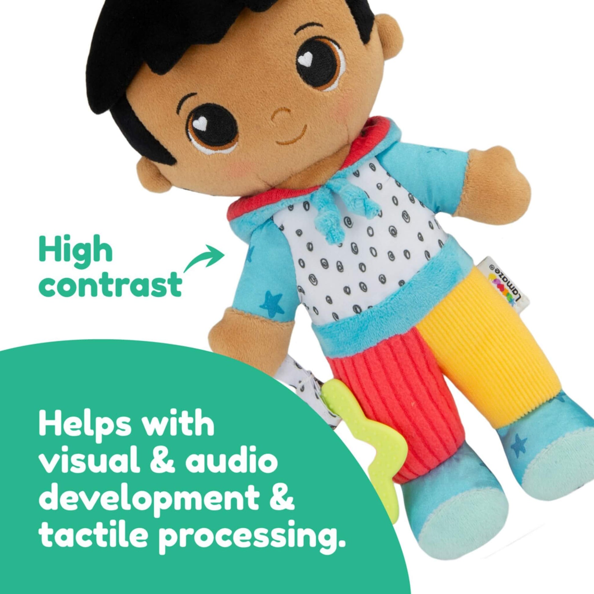 Close-up of a doll’s face and upper body with text describing its high-contrast colours that support visual and sensory development.