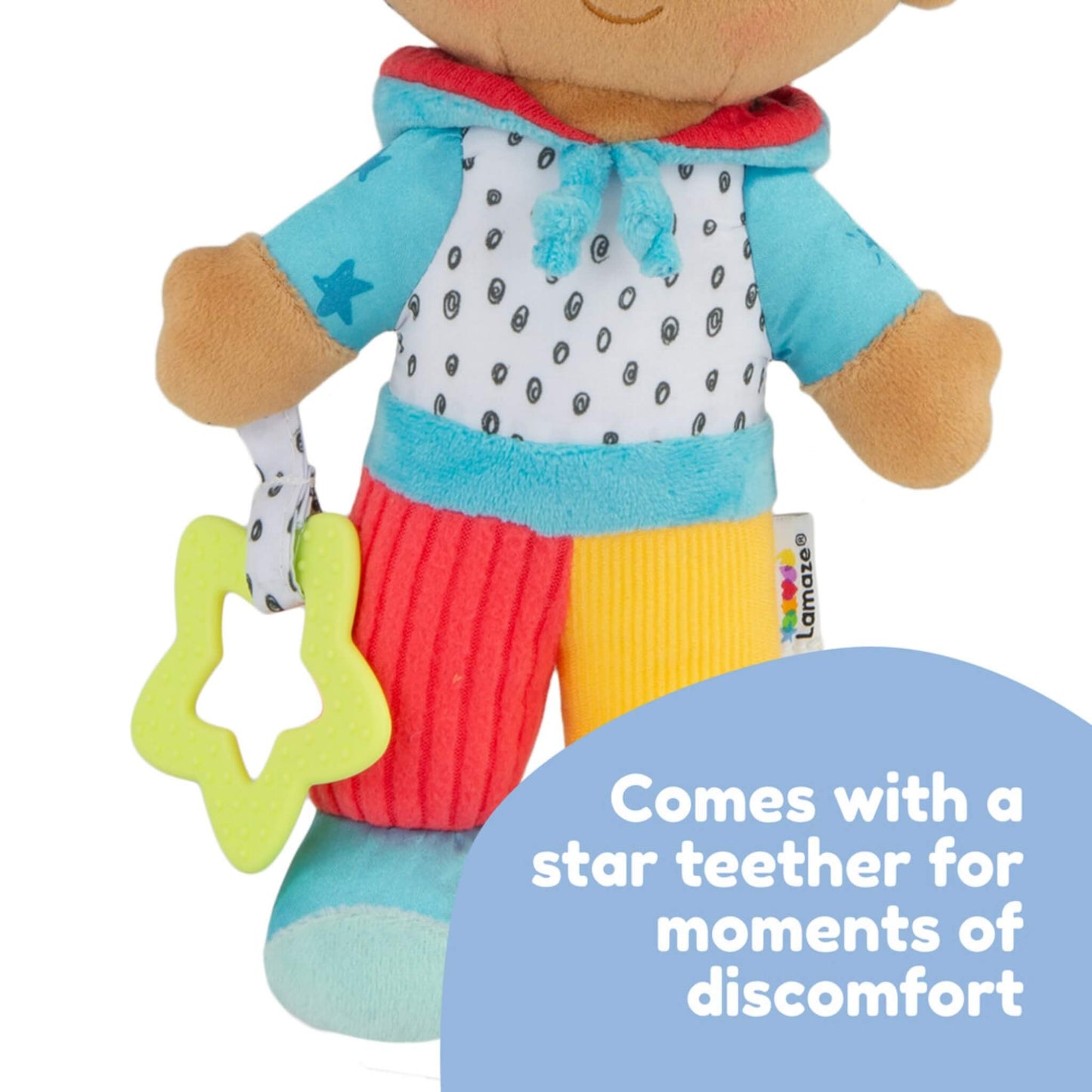 Close-up of a doll’s hand holding a yellow star-shaped teether, with text explaining it provides comfort during teething.
