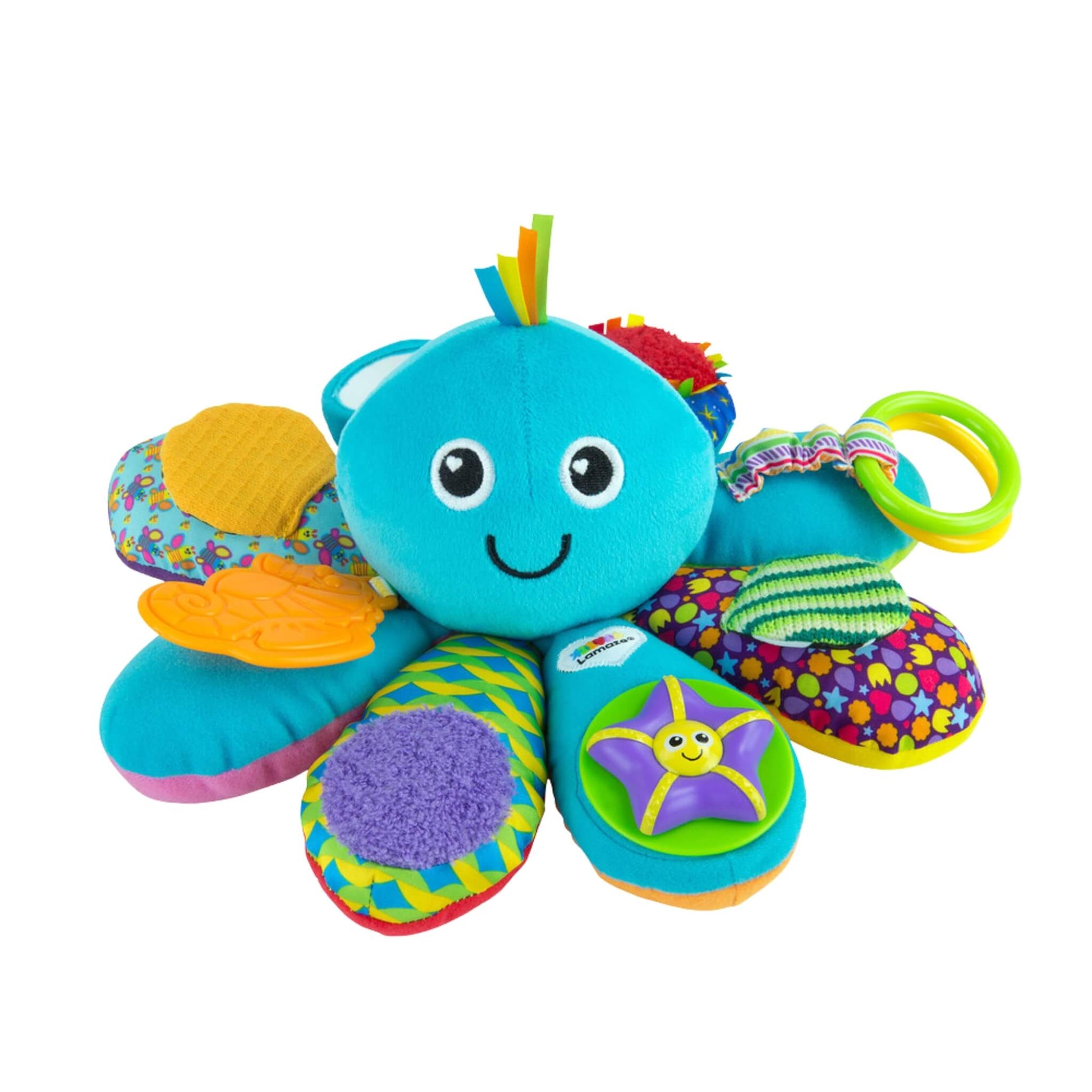 Lamaze Octivity Time toy shown with its bright blue octopus design, smiling face and eight textured legs featuring rings, crinkles and colourful fabrics for sensory play.
