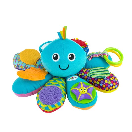 Lamaze Octivity Time toy shown with its bright blue octopus design, smiling face and eight textured legs featuring rings, crinkles and colourful fabrics for sensory play.