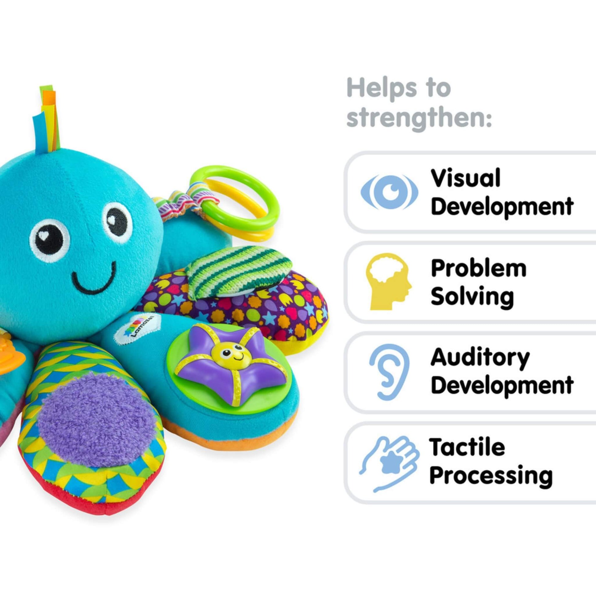 Close-up of a soft blue octopus baby toy with multi-textured legs and colourful patterns, highlighting tactile and visual play benefits.