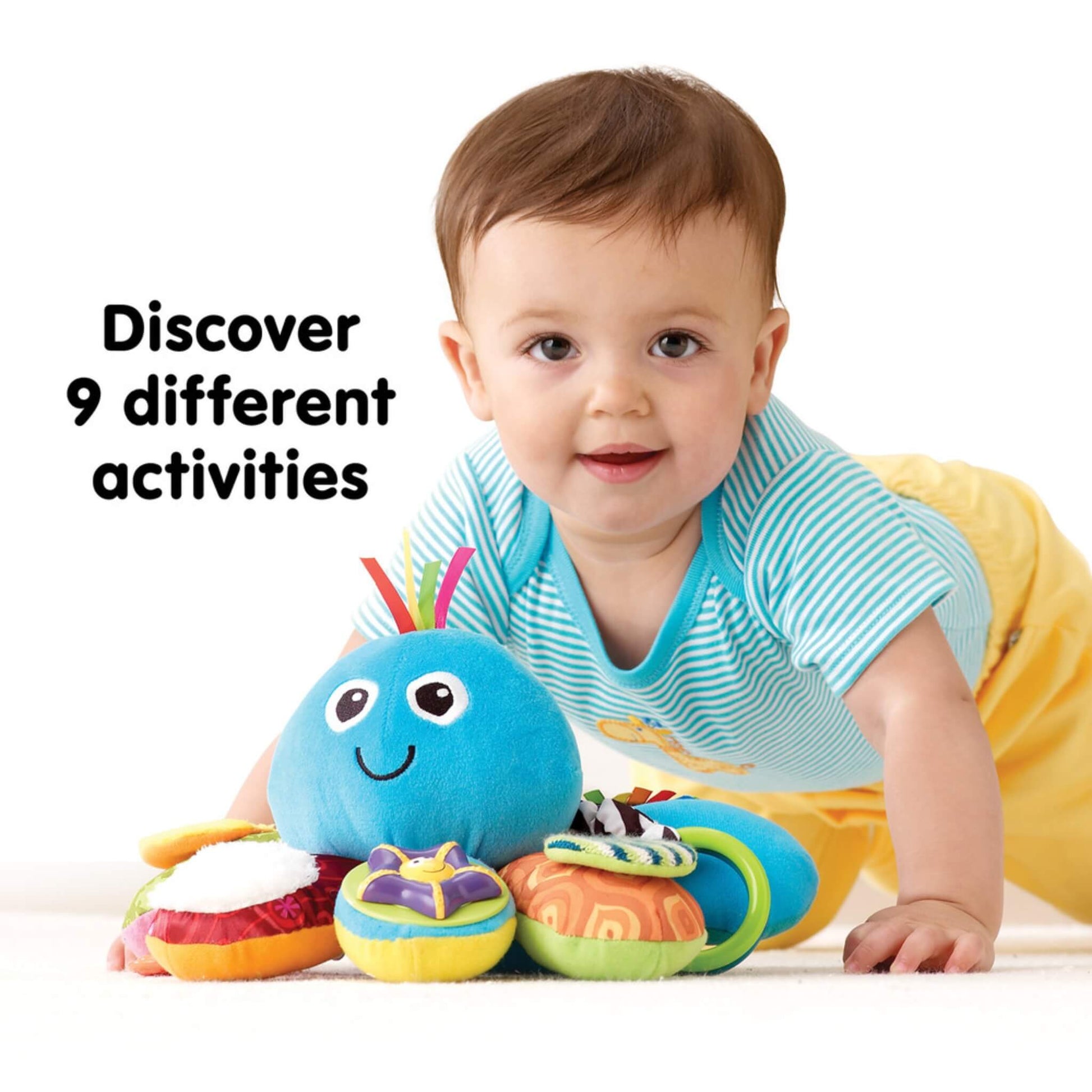 Baby on tummy reaching towards the octopus toy with text about discovering nine different activities.