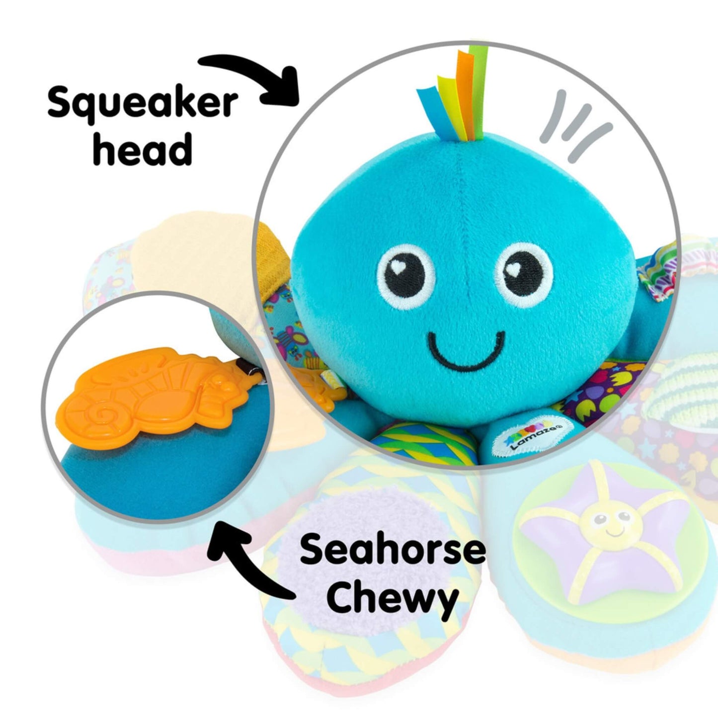 Close-up of octopus head with smiling face and a yellow seahorse teether attached to one leg.