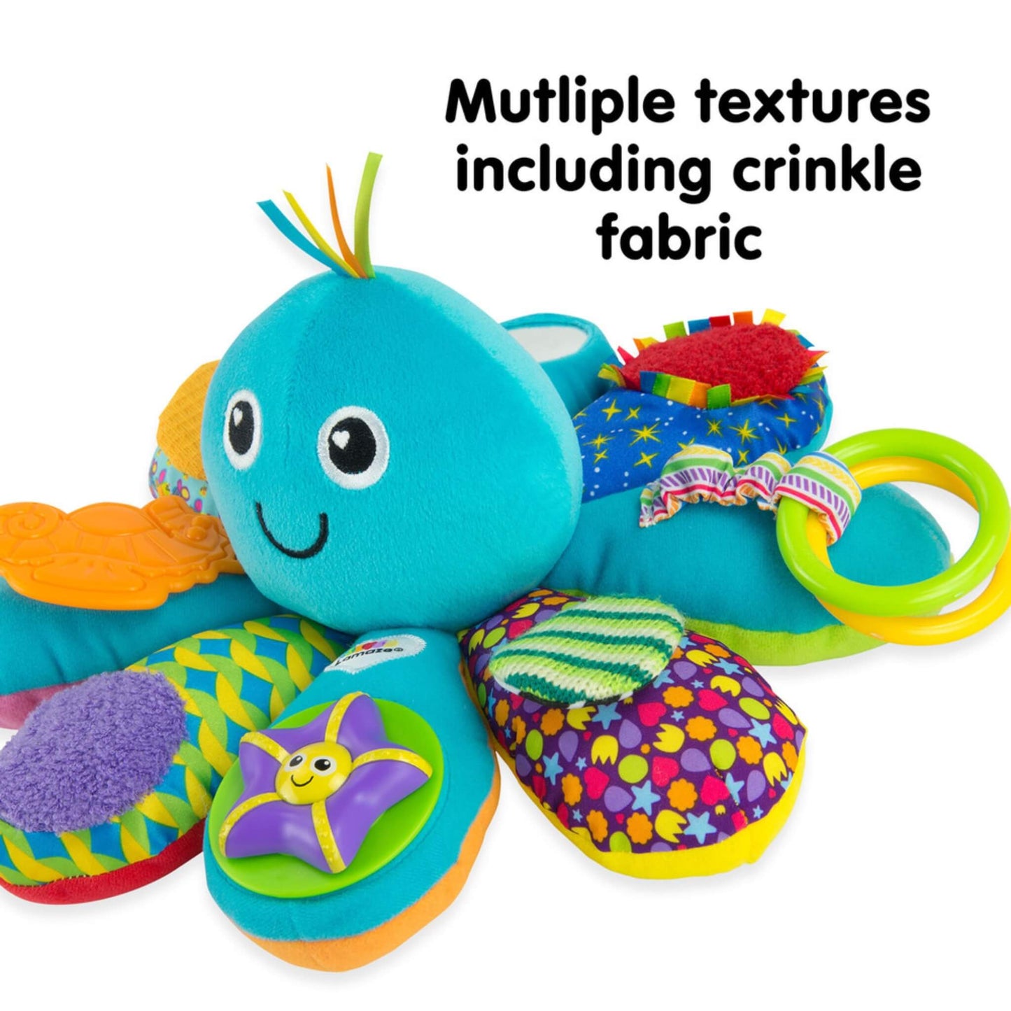 Blue octopus baby toy with patterned legs, showing multiple textures including crinkle fabric for sensory engagement.