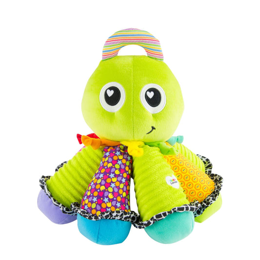 Lamaze Octotunes sensory octopus baby toy with eight soft, colourful legs, each featuring different textures and patterns, designed to play a musical note when squeezed.