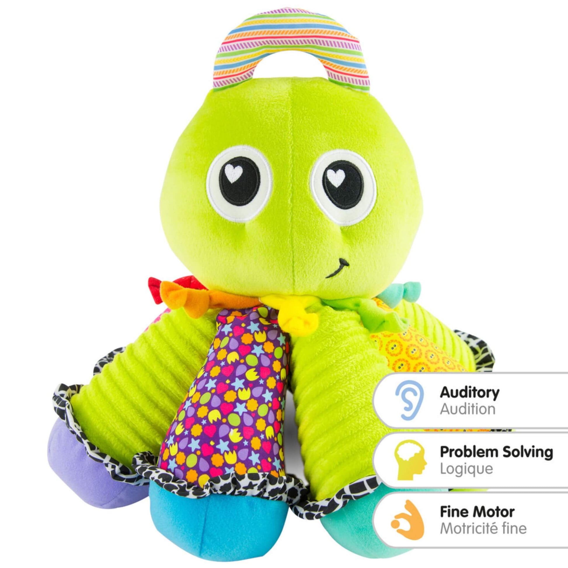 Close-up of the octopus showing icons highlighting auditory development, problem solving, and fine motor skills.