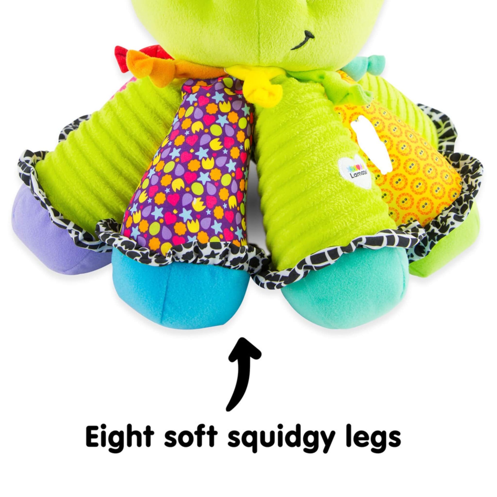Detail shot of the octopus legs showing the caption “Eight soft squidgy legs” with an arrow pointing to the limbs.